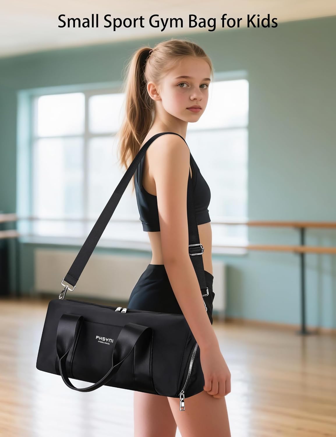 Sports Small Gym Bag for Women & Girls and Kids, Cute Mini Duffle Bag with Wet Pocket & Shoes Compartment, Personal Item Travel Workout Bag, 16"-Small, Black - Image 6