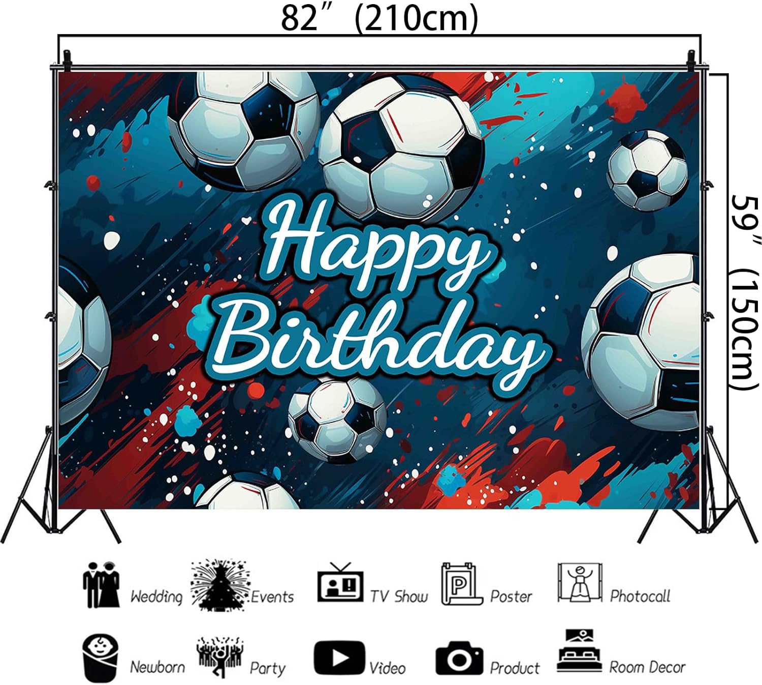 Soccer Happy Birthday Backdrop (82x59 inch) Soccer Birthday Backdrop for Boy Blue Red Oil Paint Style Sports Themed Party Decorations Banner Boys 7x5Ft - Image 5