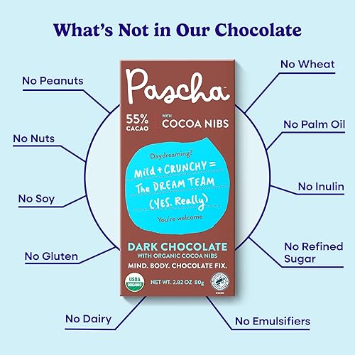 Miniatura 3 de Pascha Barras de chocolate negro vegano orgánico 55% cacao con puntas de cacao, 2.8 onzas, paquete de 10