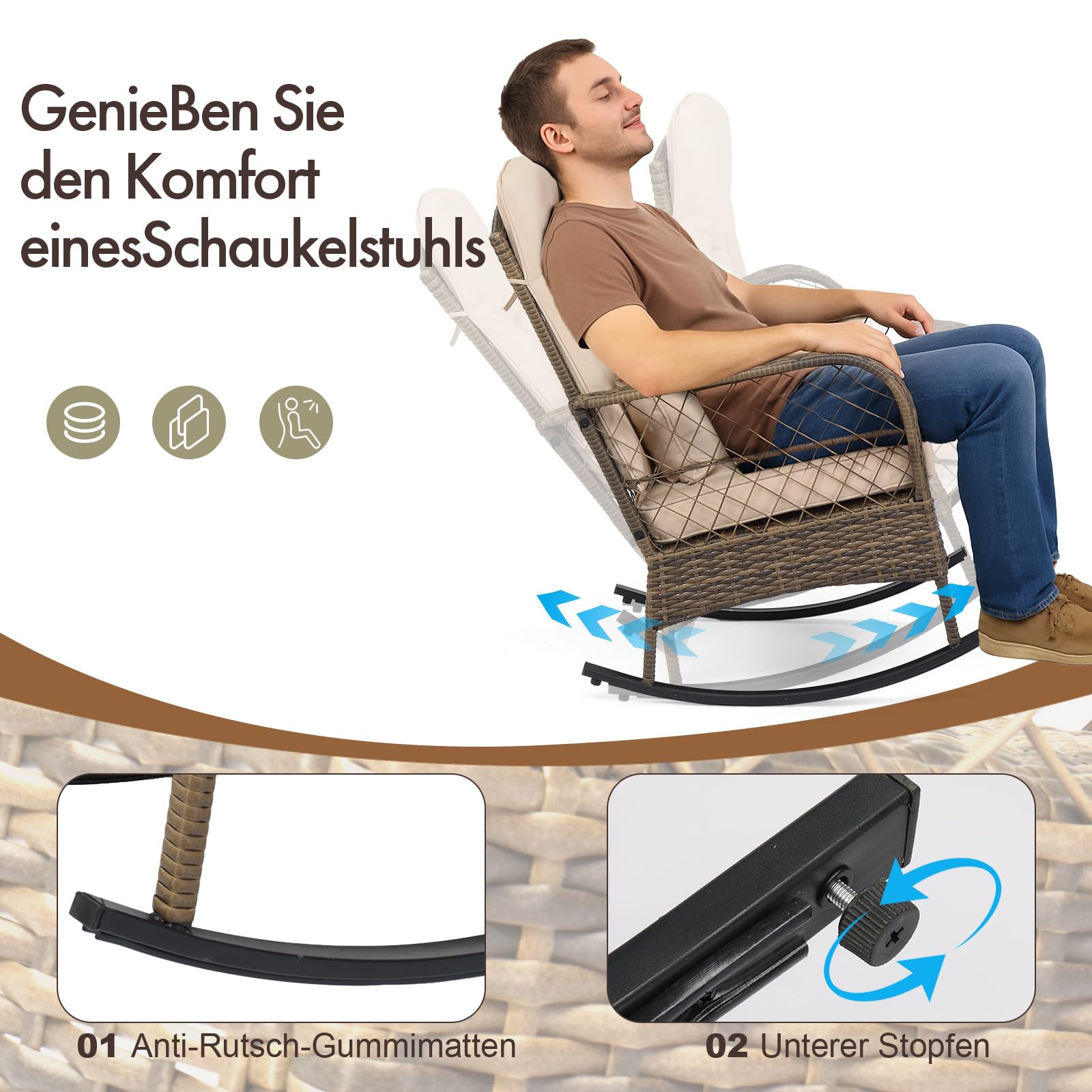 LEADZM Gartenmöbel Set für 2 Personen，Polyrattan Balkonmöbel 3-teiliges Set, Wetterfest, Komfortabel & Lässig, 2 Schaukelstühle & Tisch, für Garten, Balkon, Terrasse,Beige
