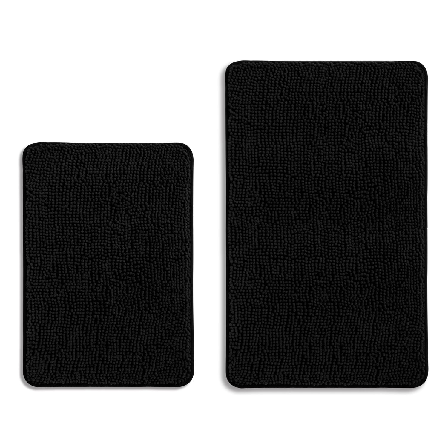 PureSwan Black Bathroom Rugs Sets 2 Piece – Absorbent and Washable Bath Mat, Non-Slip, Thick Soft Chenille Bath Rugs for Bathroom Floor, Shower, Sink - 17" x 24"+20" x 32"