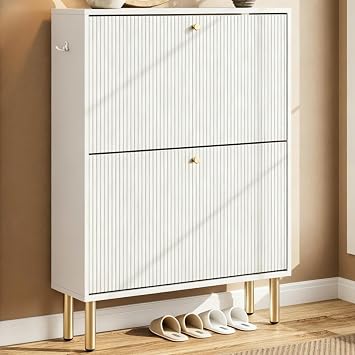 Nicetree Shoe Storage Cabinet for Entryway - 2 Flip Drawers Shoe Cabinet with Tiered Fluted Design - Slim Shoe Storage Rack with Gold Legs - Narrow Shoe Cabinet Hidden Shoe Organizer for Small Spaces