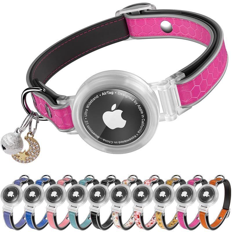 Coleira refletiva para gatos com suporte para Apple AirTag, nylon e fecho breakaway ILFINDYOU Rose Red