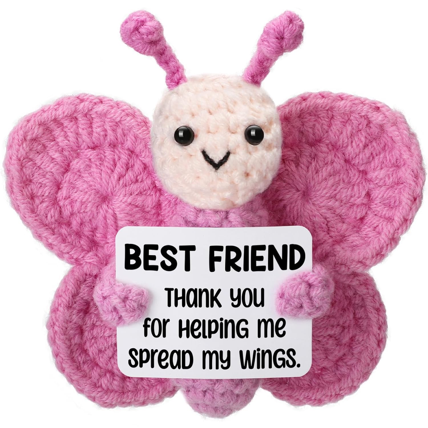 Gift for Friend, Christmas White Elephant Secret Santa Stuffers, Pnk Handmade Crochet Butterfly with Sign, Cute Small Stuffed Butterfly for Teen Girl College Desk Decor