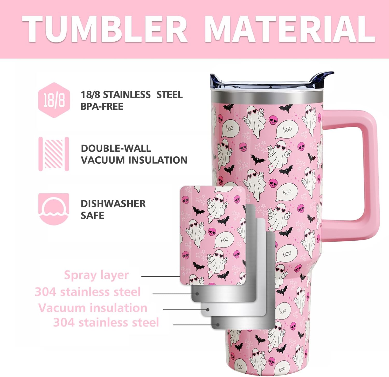 Halloween Ghosts 40oz Tumbler Cup with Handle and Straw, Pastel Holiday Gifts for Women Girls, Stainless Steel Insulated Water Bottle 1PC - Image 4