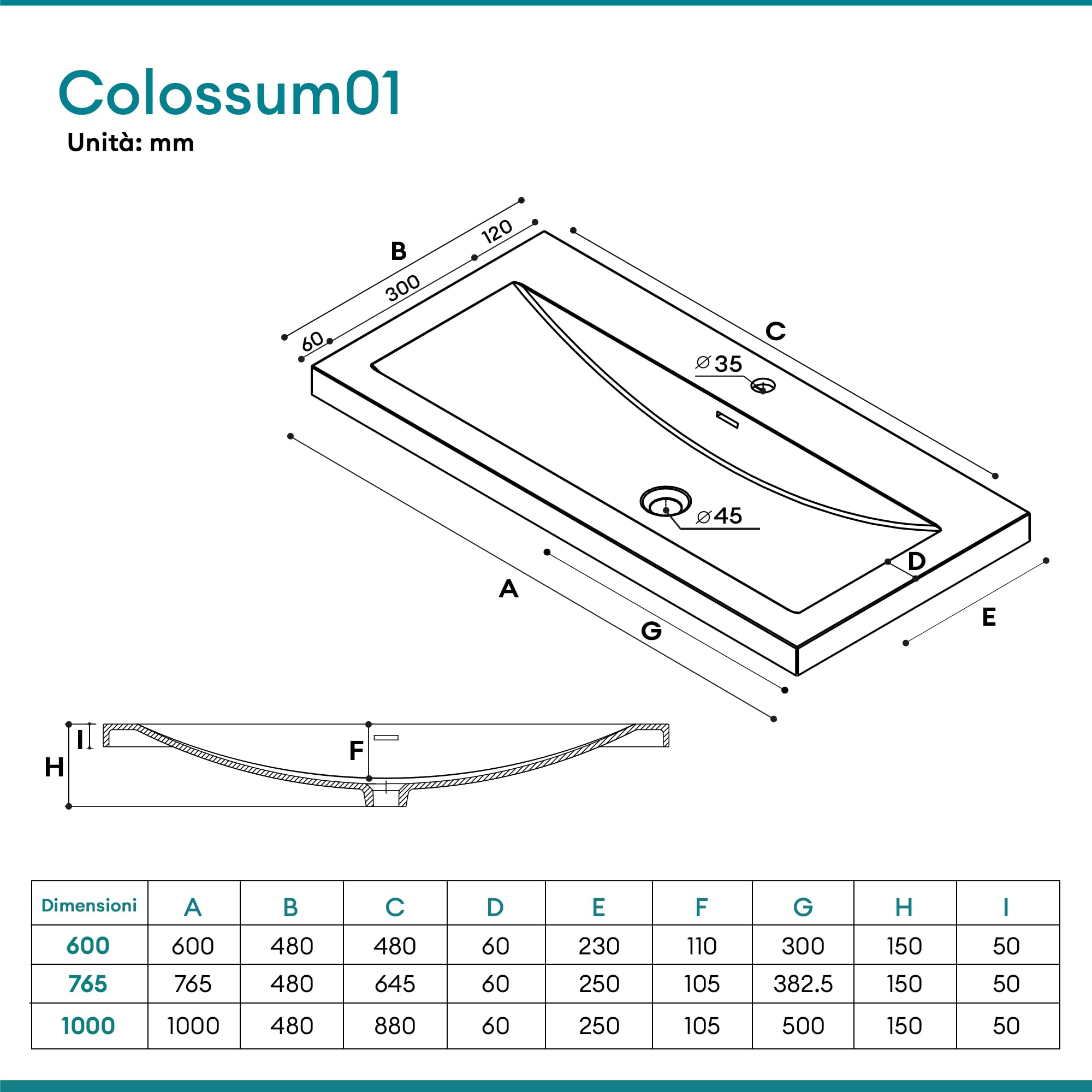 Mai & Mai Lavabo Incasso 100x48x13cm, Lavabo Sottopiano Lavandino Bagno da Marmo fuso Colossum01-1000,Antracite opaco