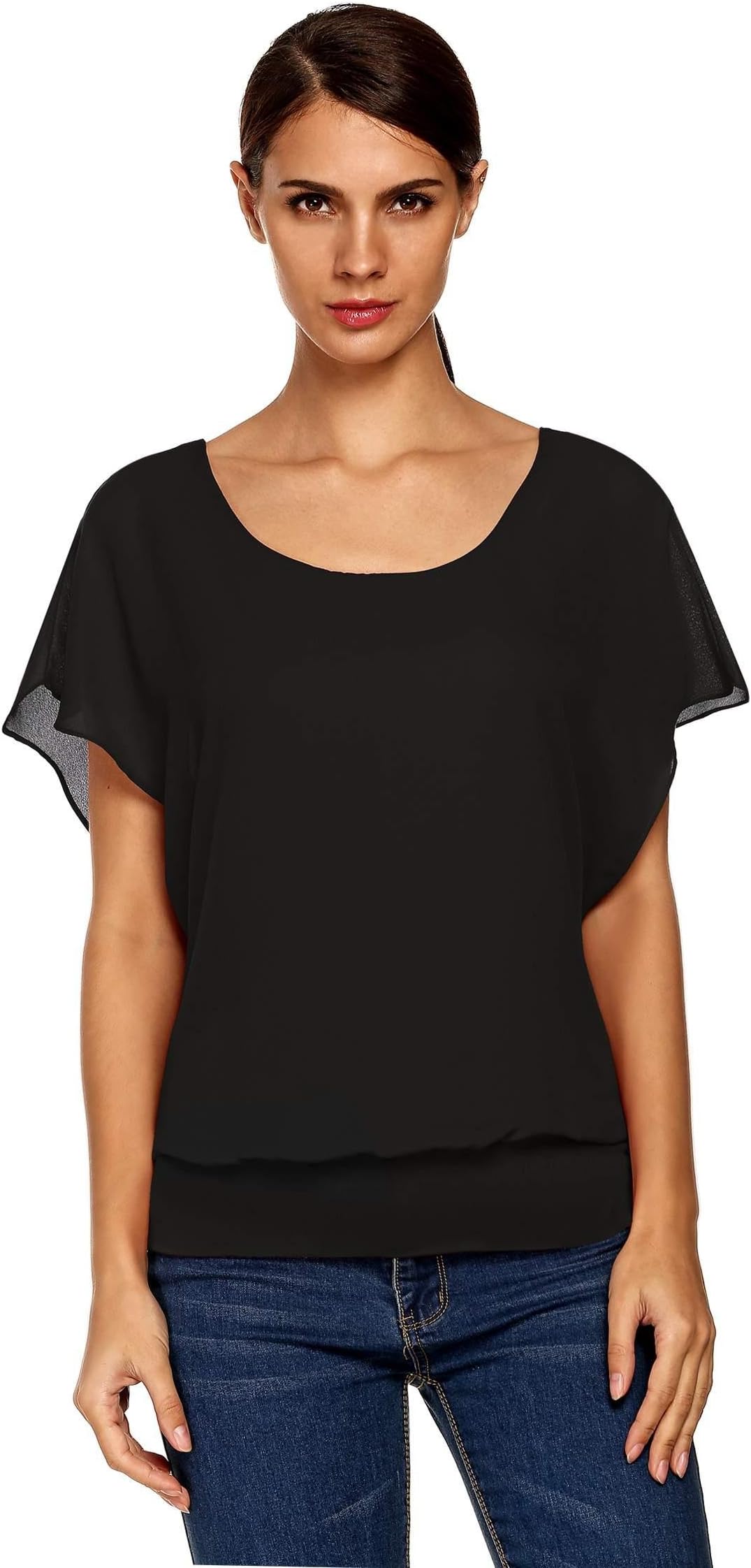 Zeagoo Women's Chiffon Loose Lace Batwing Short Flutter Sleeve Blouse Tops