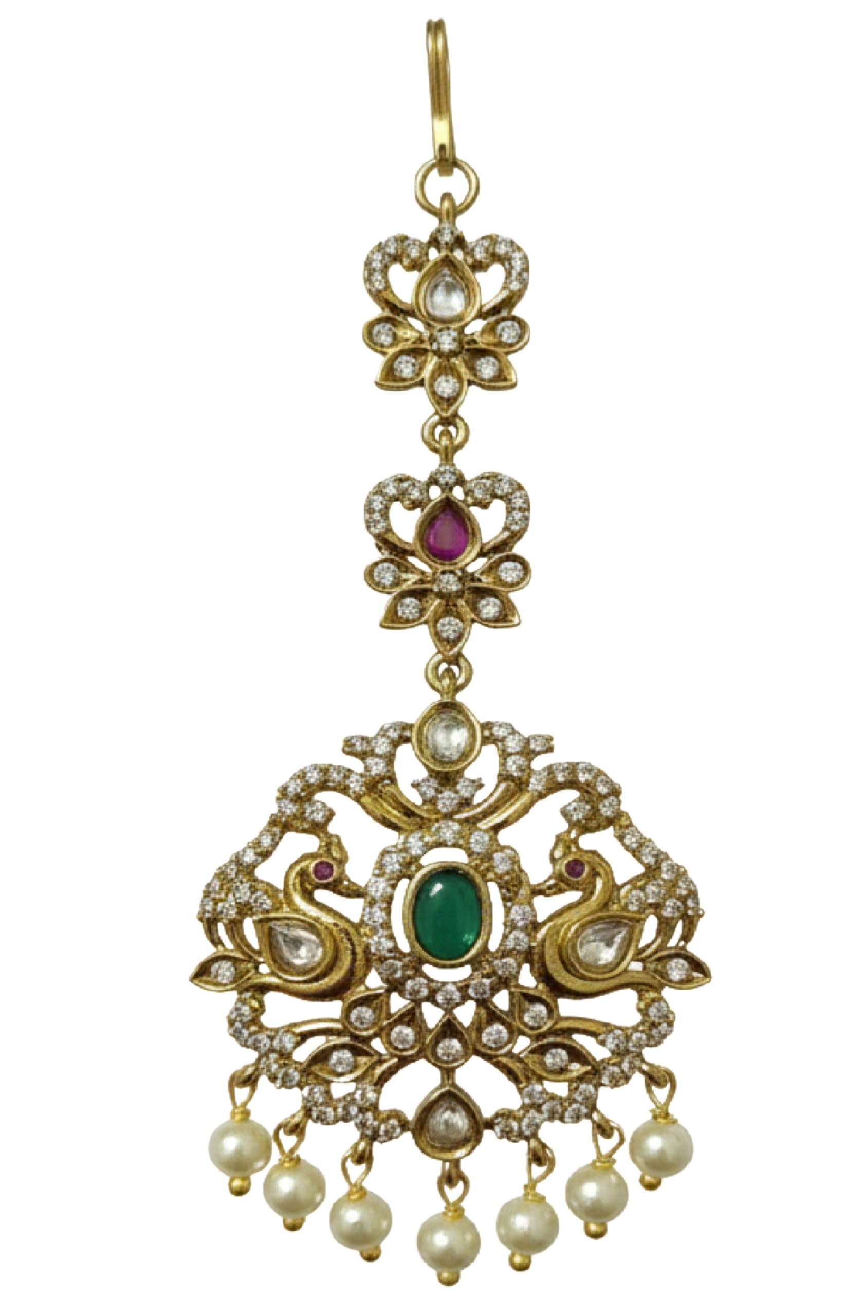Traditional Gold-Plated Peacock Maang Tikka with Green Stone & Pearls-image-17