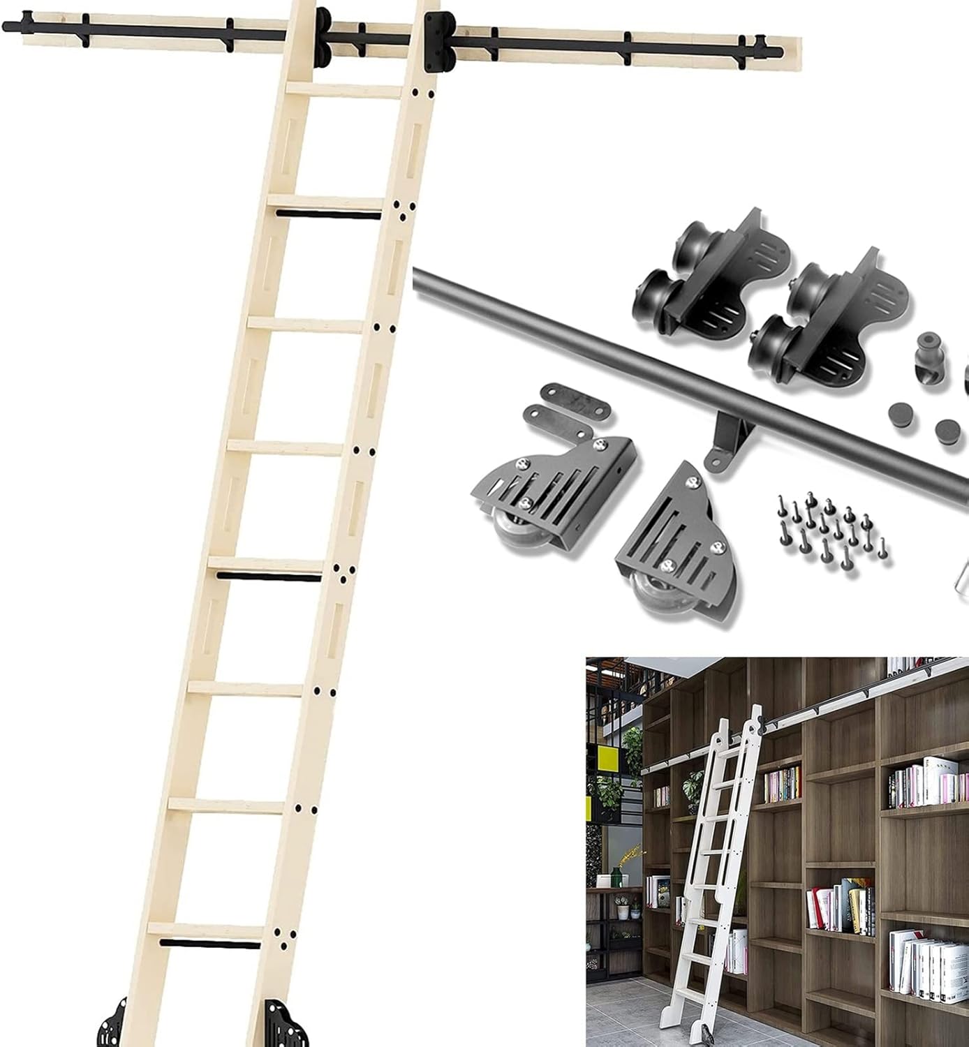 Sliding Ladder Hardware Kit - Rustic Black Round Rolling Ladder Track/Rail 3.3ft-20ft, Library Mobile Ladder Track Hardware Kit for Home Office, with Floor Roller Wheels (No Ladder)