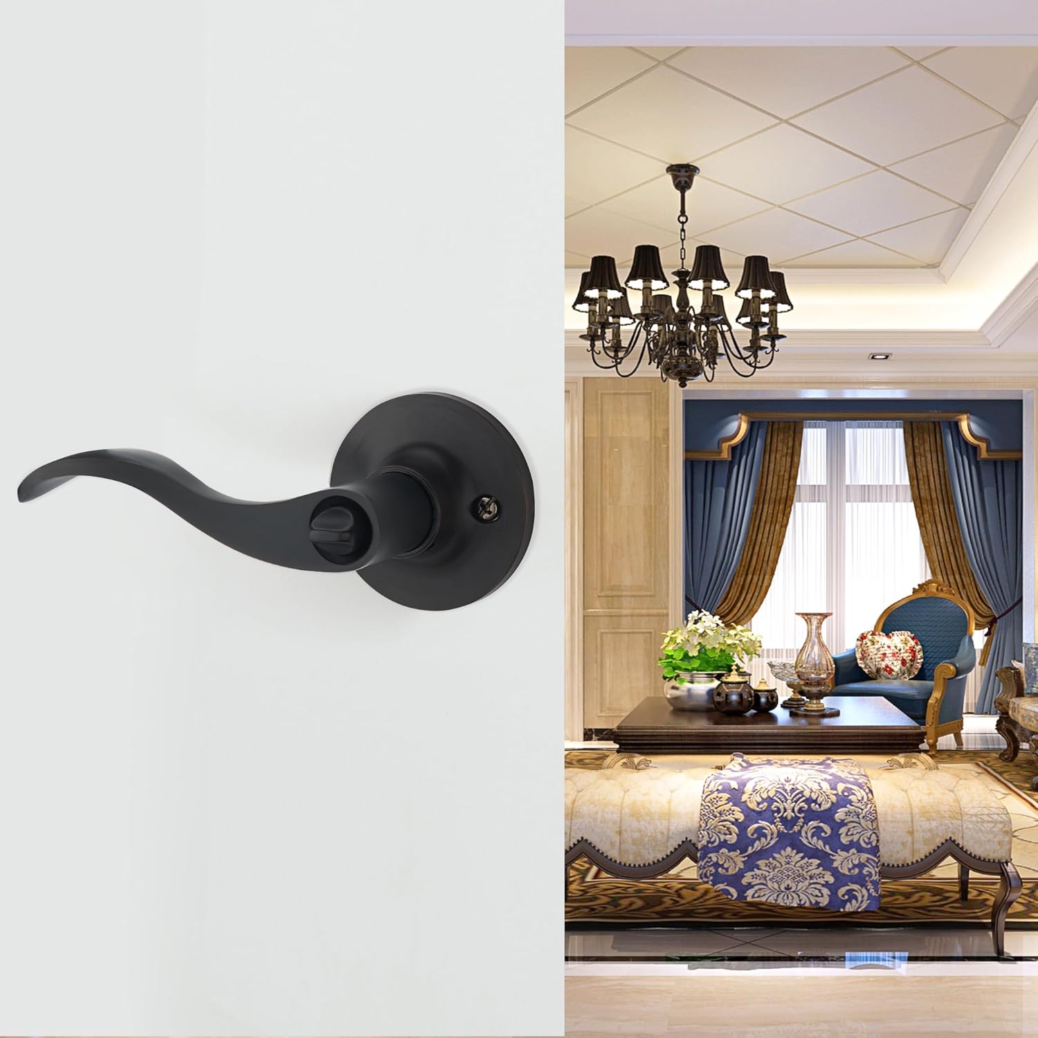 Wave Lever Keyed Entry Door Lock/Door Knob Hardware Knob Lever and Closet Leverset,Black Color, Right Hand Orientation (JX805R-B)