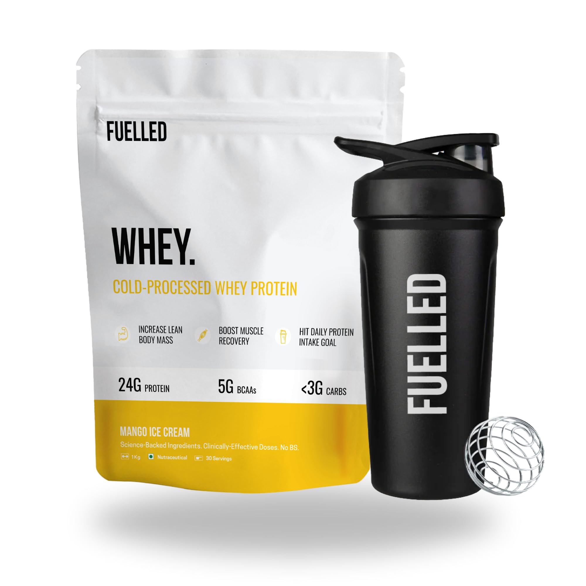 Fuelled Whey Protein Powder Concentrate & Isolate with 24 g Protein, 5 g BCAA (1 kg, 30 Servings) Lab Tested with Plastic Shaker (Mango Ice Cream) (B0C4XBVYKN) Amazon Price History, Amazon Price Tracker