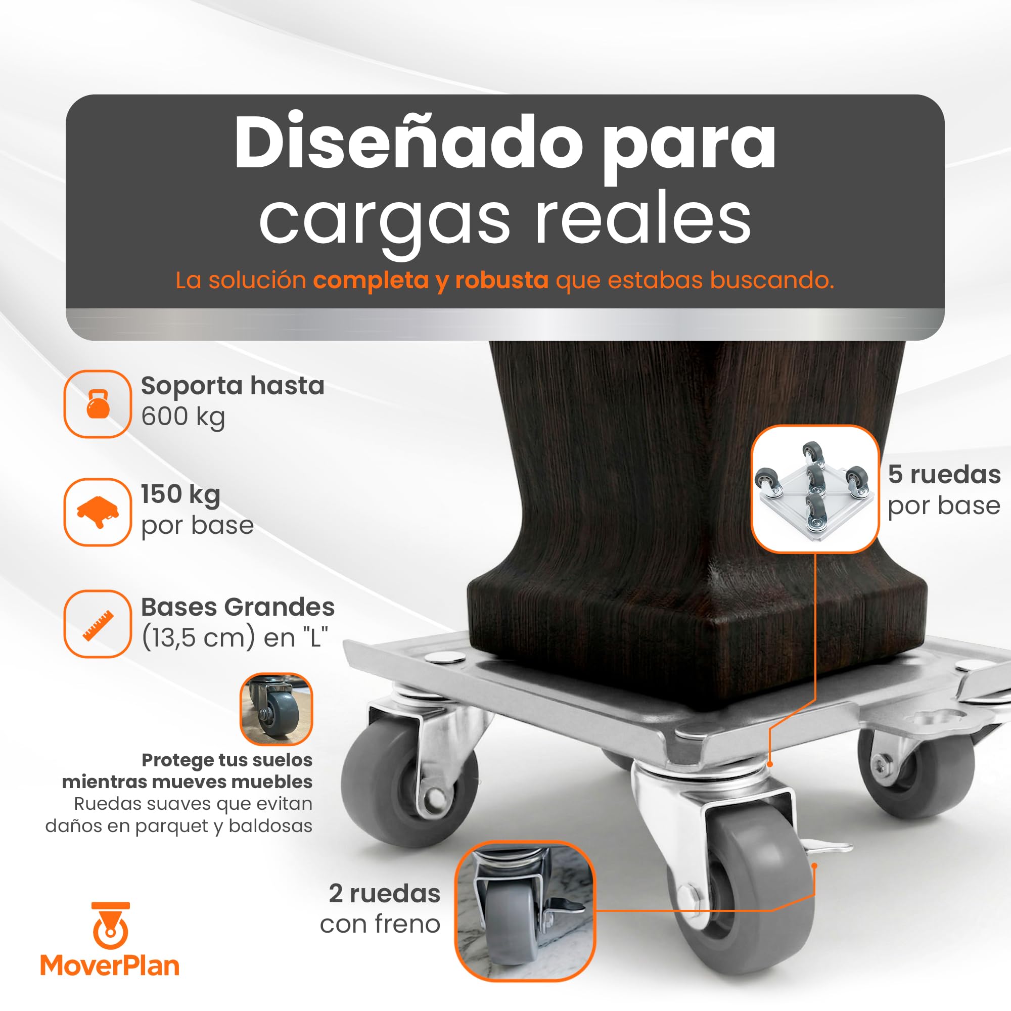 Ruedas para Mover Muebles Pesados 600kg - Elevador Muebles con 5 Ruedas 360°, Acero Reforzado, Correas de Amarre, Palanca Extensible, Kit Profesional 22 Piezas
