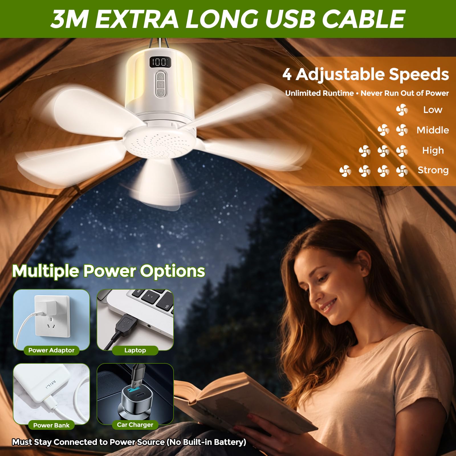 Roadtime Ventilador de techo de 40 cm portátil con iluminación LED y mando