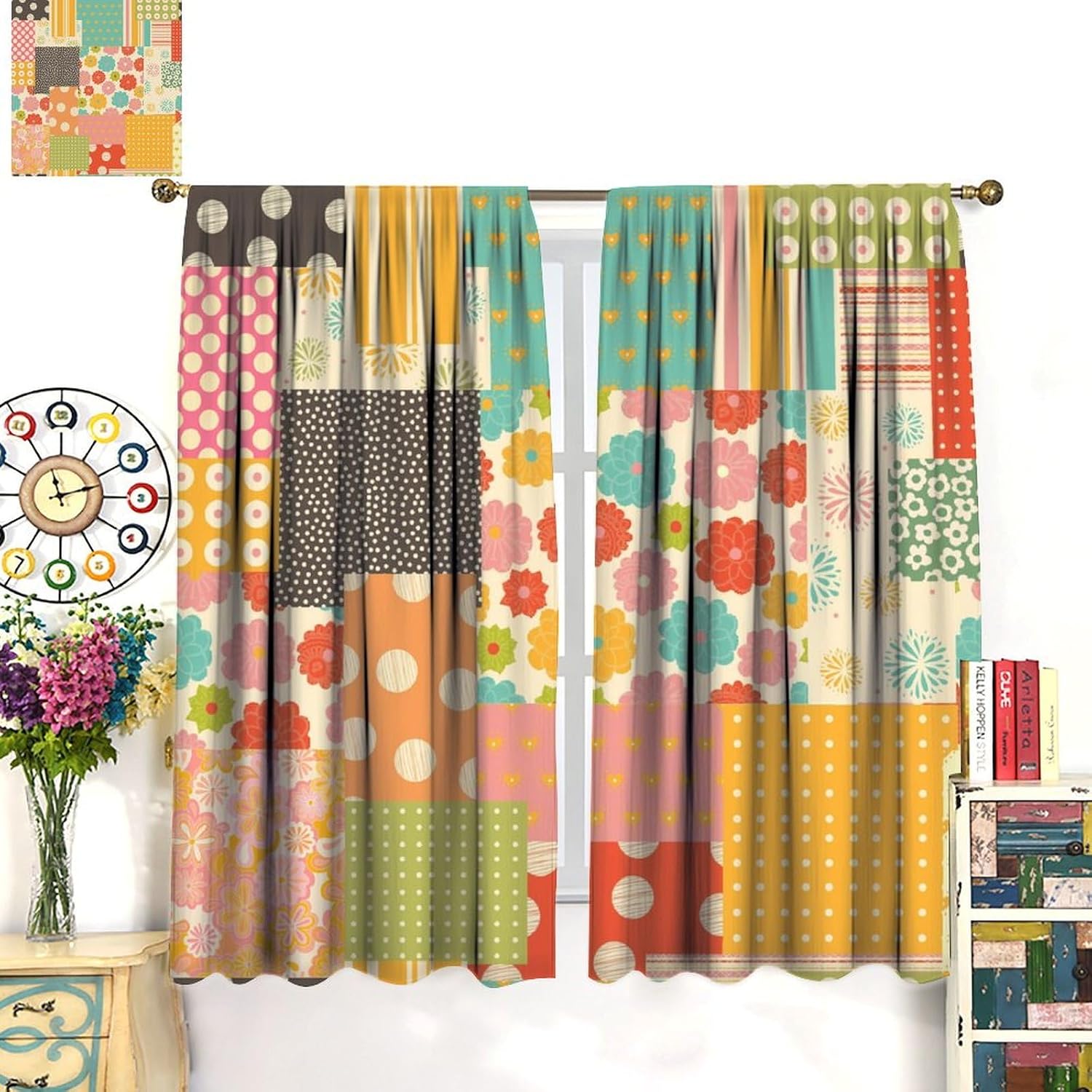 Cute 70s Floral Curtains Vintage Hippie Flower Boho Style Window Treatments for Bedroom Living Room Kitchen Abstract Geometric Art Décor Drapes 2 Panel Sets Total Size 42" x 45"