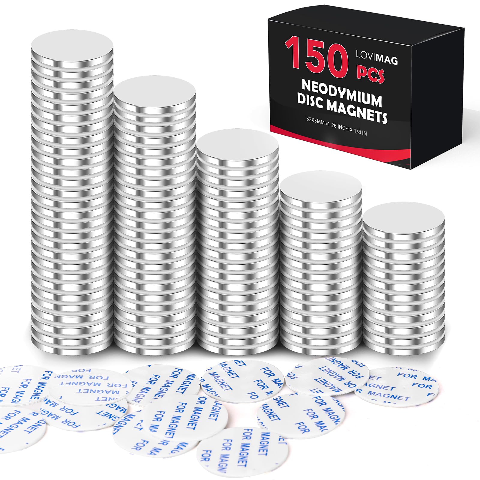 LOVIMAG Super Strong Neodymium Disc Magnets, Powerful Rare Earth Magnets with Double-Sided Adhesive for Fridge, DIY, Building, Scientific, Craft, and