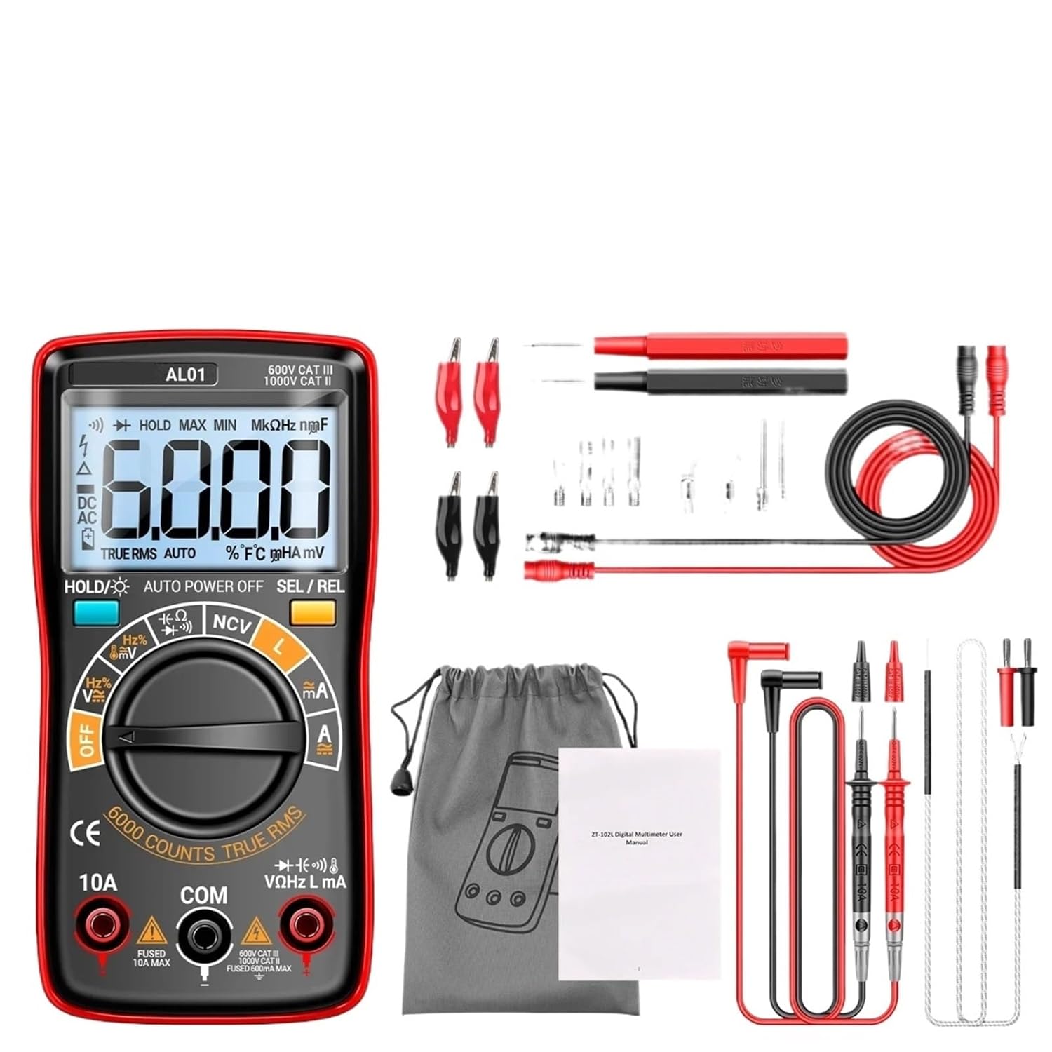 AL01 Smart Digital Multimeter 6000 Counts AC/DC Voltage Meter True-RMS Current Hz Resistance Capacitor NCV Detection Tools(AL01 Red)