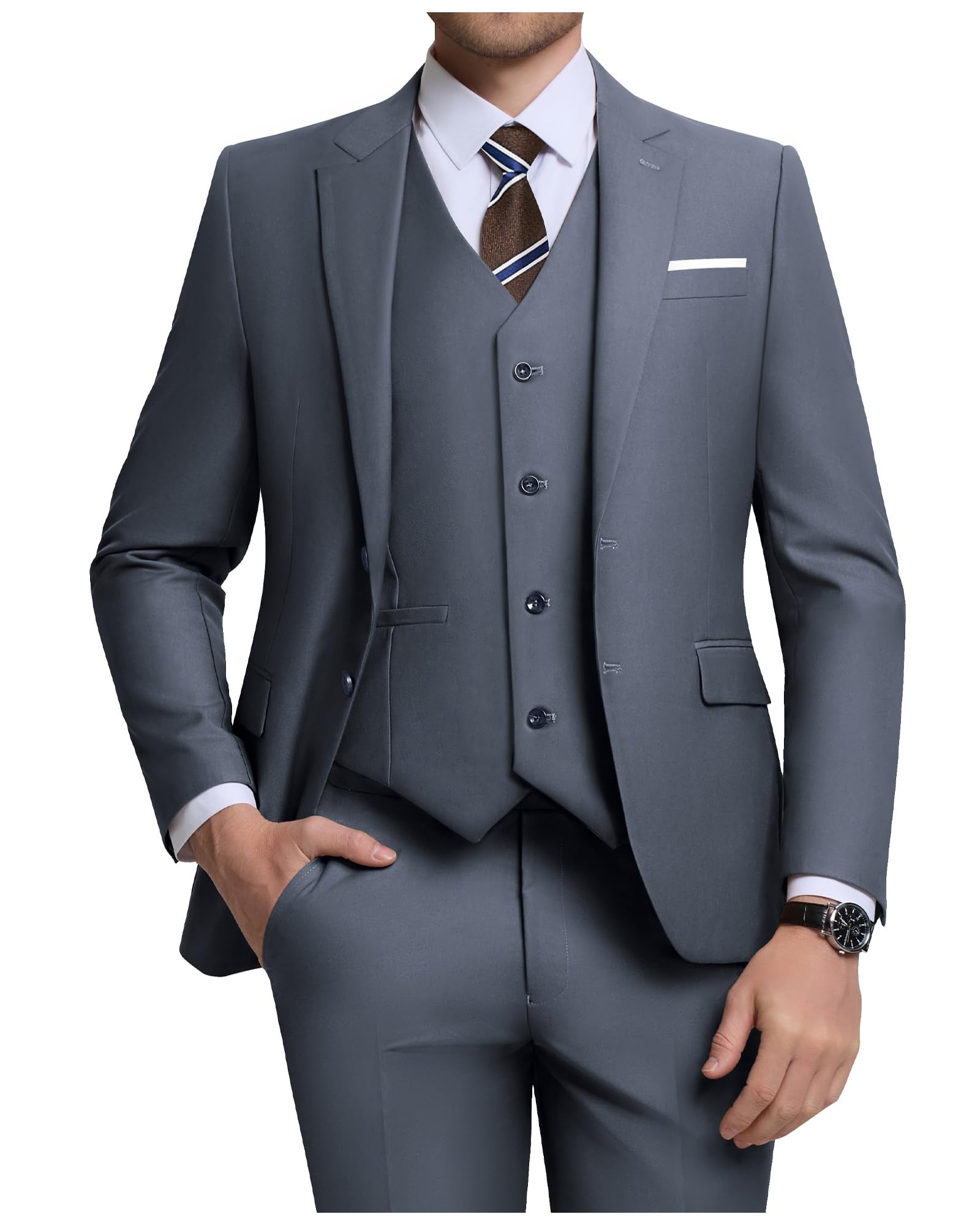 Photo 1 of ZKHOECR Men Suits Big and Tall Dark Grey Men Suit Outfit Prom Wedding Tuxedo Suits Solid Jacket Vest Pants Formal Dinner Suits 5XL
