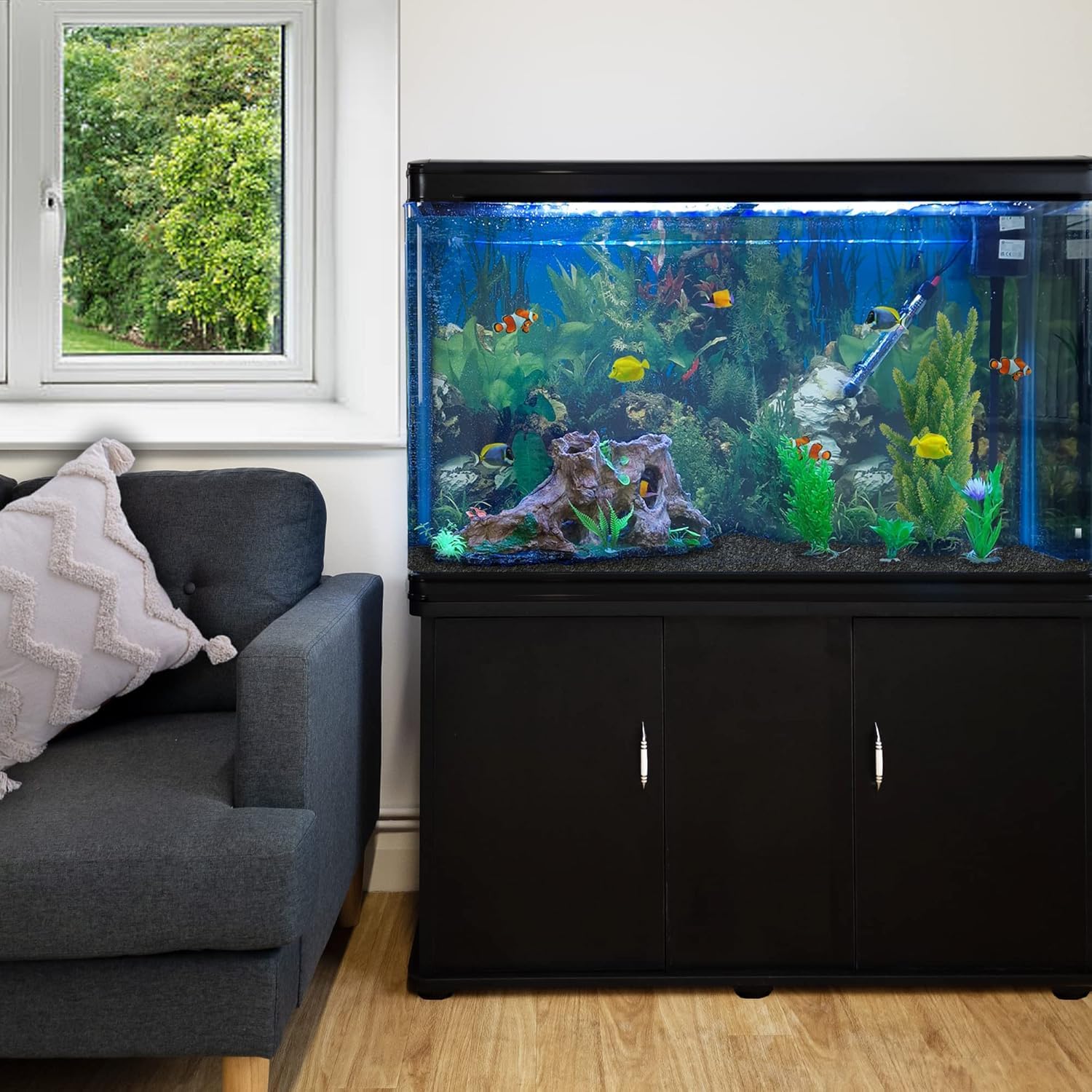 Acquario Curvo 300L con Mobile Nero Opaco, Vetro da 11mm, Pompa, Filtro, LED, Riscaldatore 300W, Ghiaia 25kg e Decorazioni – Vasca per Pesci Tropicali, Dolce e Marino 120cm