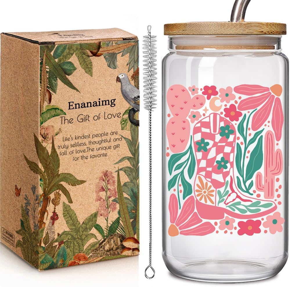 Western Cowgirl 16oz Glass Cup with Lid and Straw Gifts for Women, Pink Cowgirl Boots Cactus Flower Cup Birthday Gift for Sister, Friends, Western Theme Travel Coffee Drinking Cups