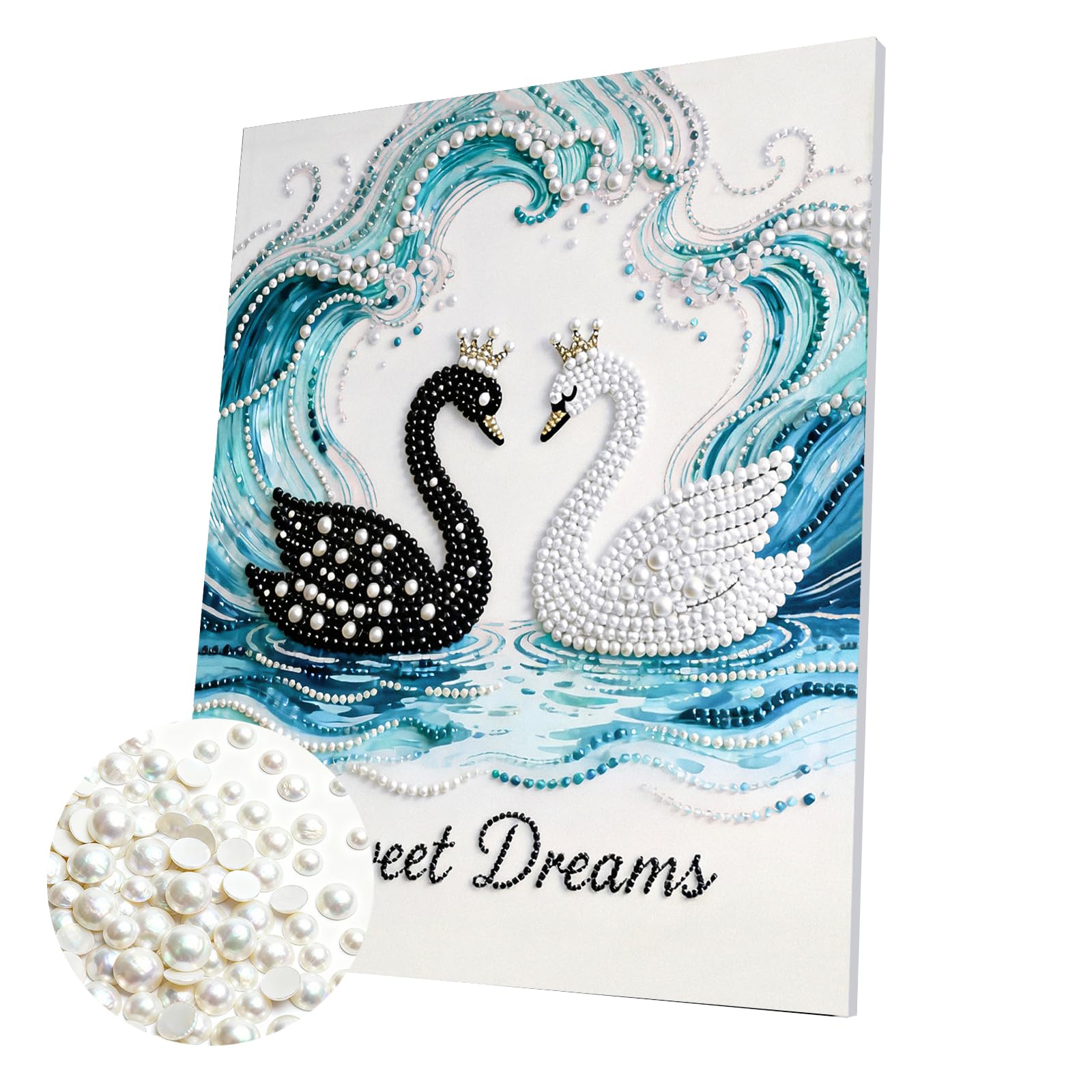 DIY Pearl Painting Kit with Wooden Frame, 3D Plastic Pearl Art Diamond Art Kits for Adults, Ready-to-Hang Home Decor, Gift for Women Beginners(Black and White Swans)(40 * 50cm)