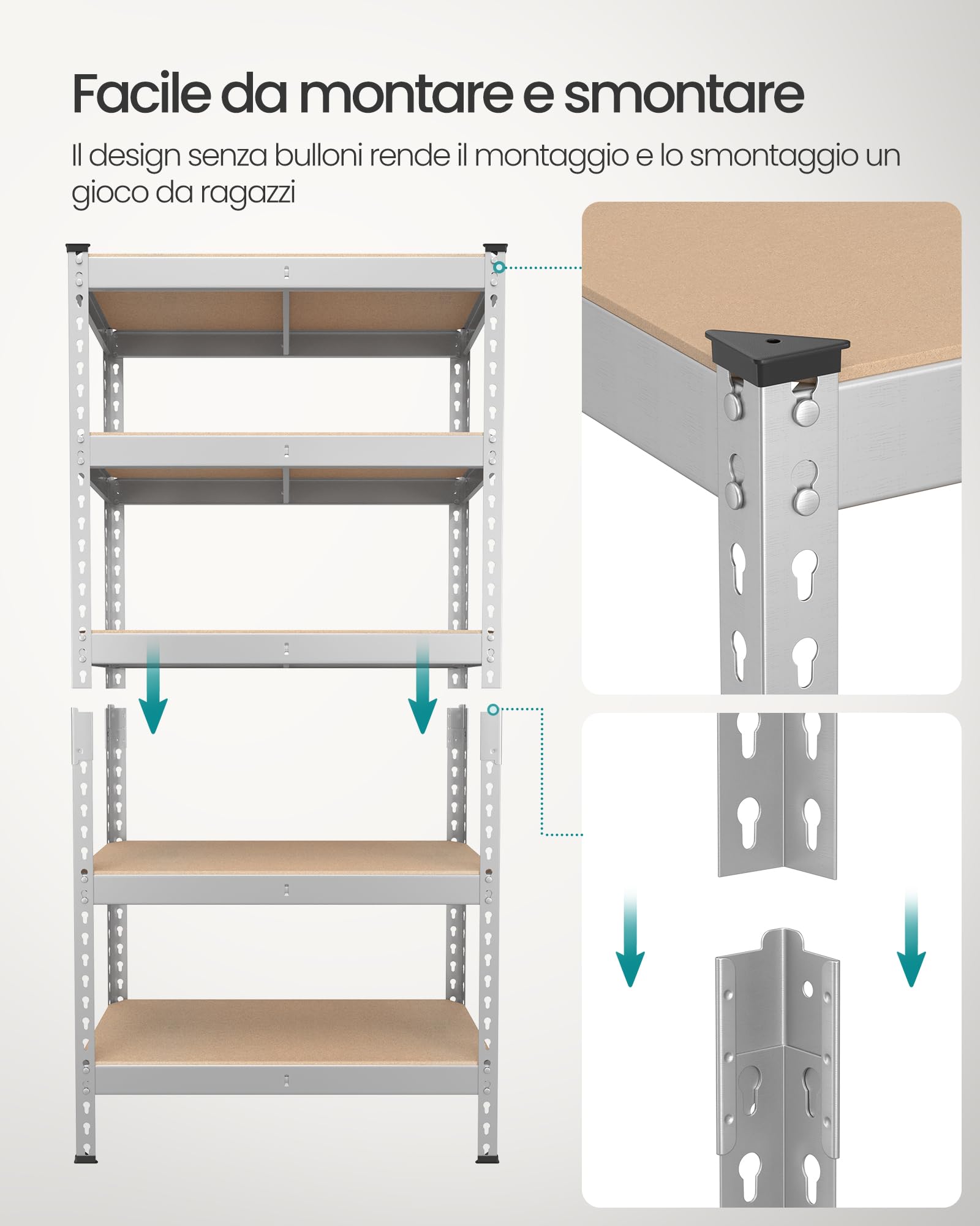 SONGMICS Scaffalatura a 5 Ripiani, Scaffale Portaoggetti, Montaggio Senza Bulloni, Ripiani Regolabili, 30 x 75 x 150 cm, Portante 875 kg, per Garage Magazzino Cantina, Argento GLR300E01