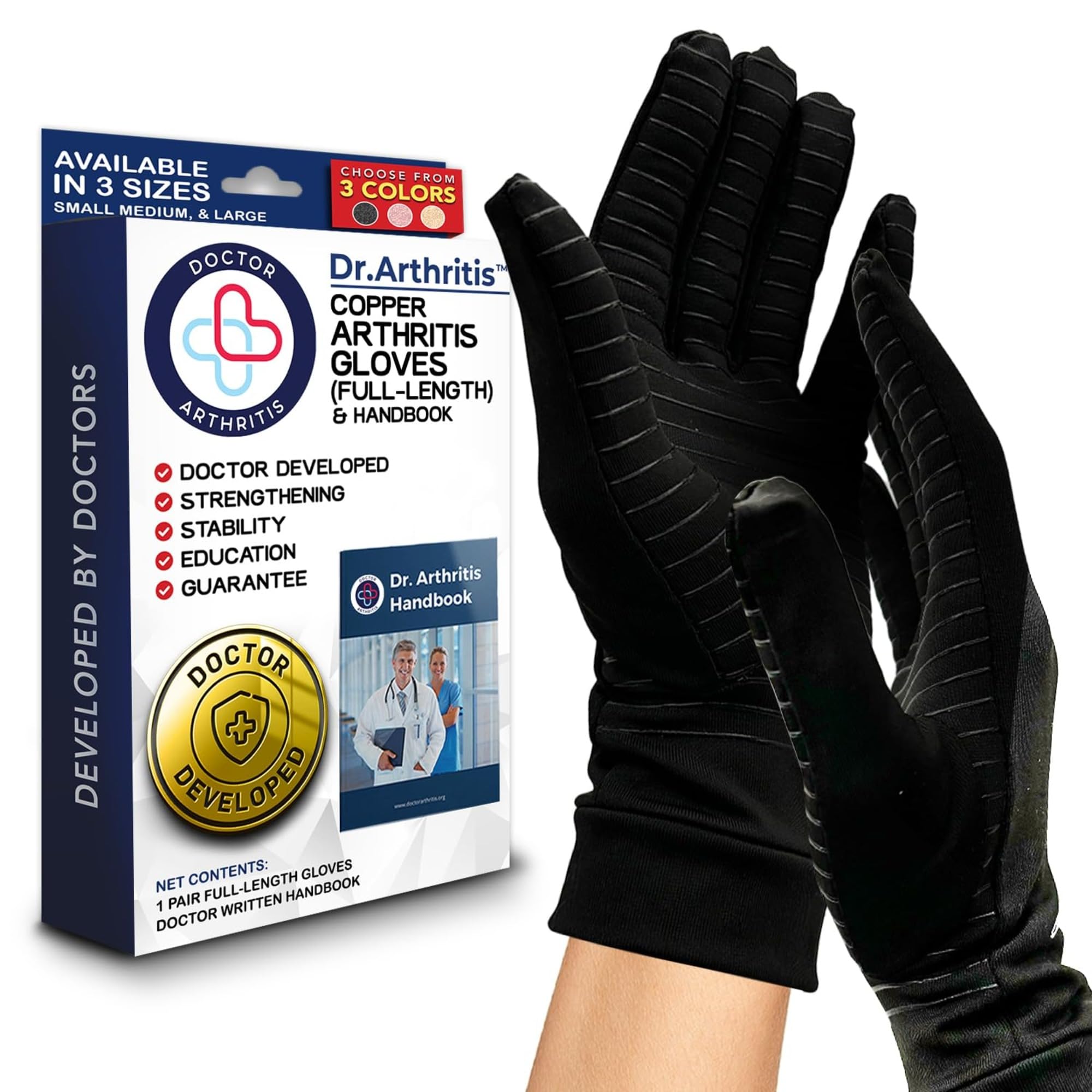 Doctor Developed Copper Gloves/Compression Gloves For Arthritis (full-length) AND DOCTOR WRITTEN HANDBOOK- Relieve Arthritis Symptoms, Raynauds Disease & Carpal Tunnel (L)