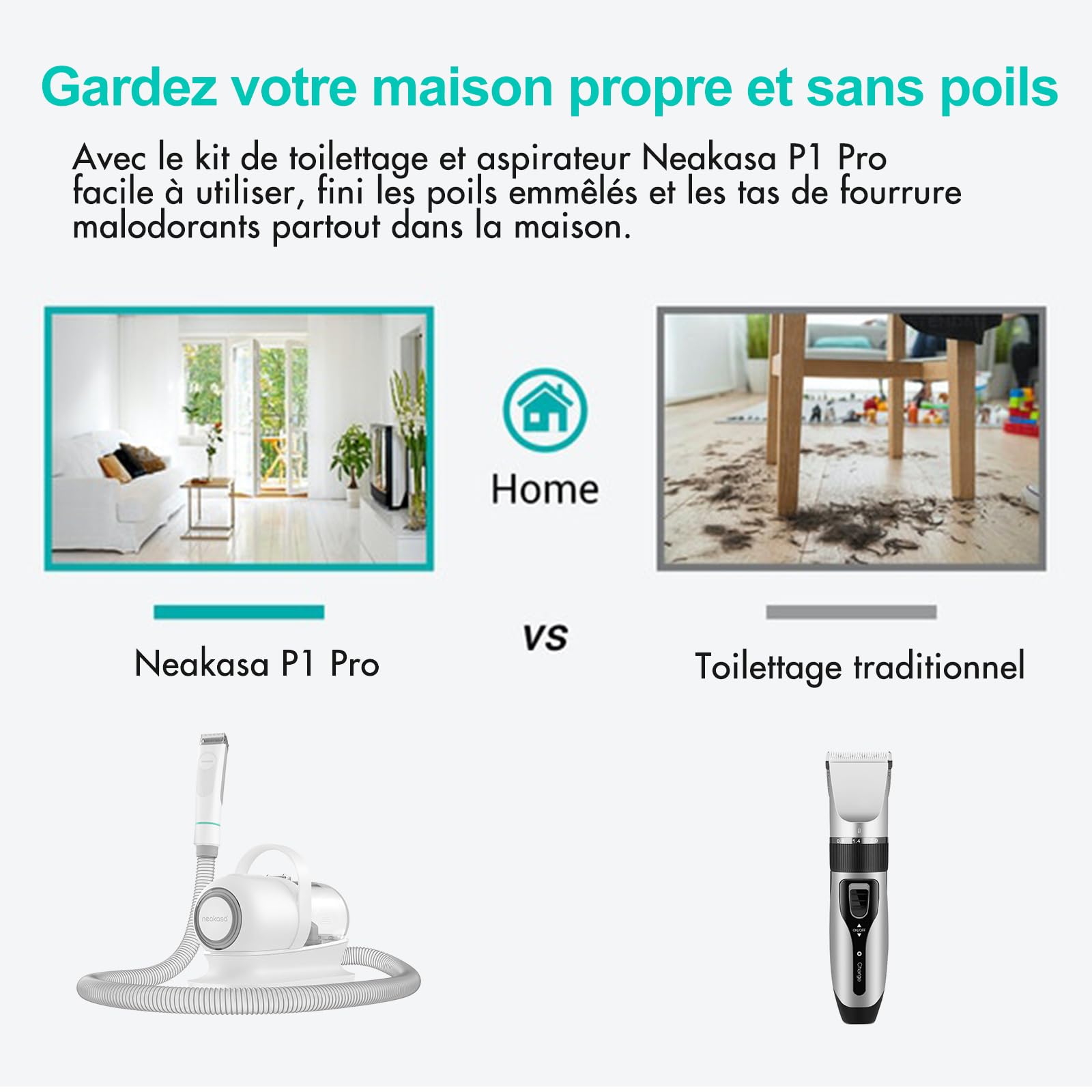 Neakasa P1 Pro Brosse Chat, Brosse Chien, Tondeuse professionnelle pour chats et chiens, Aspirateur de poils 13000 Pa, Silencieuse 52 dB, 5 Outils de toilettage pour poils courts, longs et épais