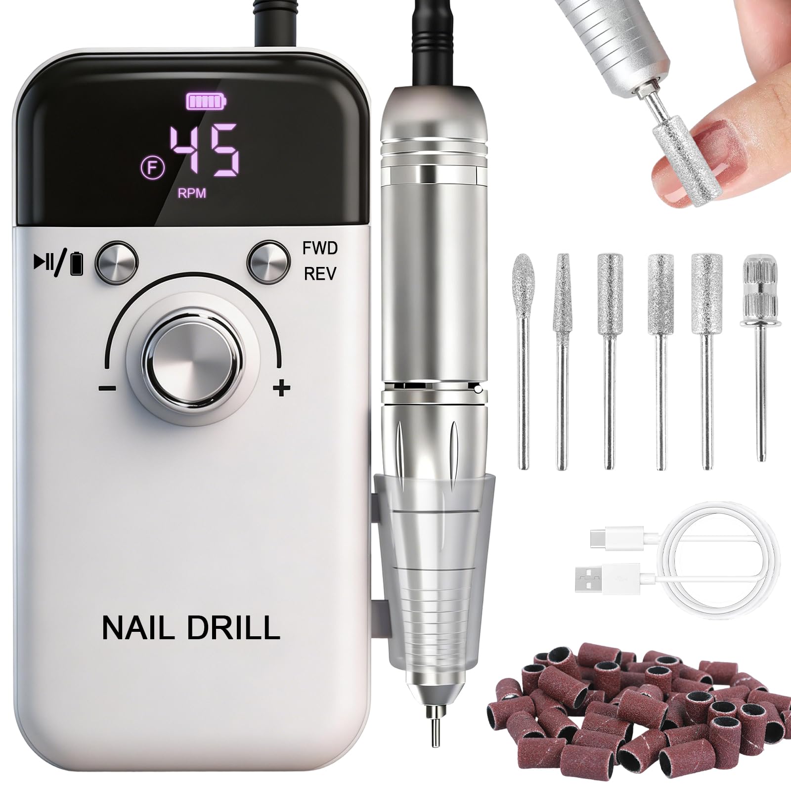 Torno para Uñas Profesional 45000 RPM, Pulidoras de uñas Portatil Velocidad Ajustable para Uñas de Gel y Acrílico, Torno Molinillo de Uñas Eléctrico con Pantalla LCD, 6 Brocas y 50 Bandas