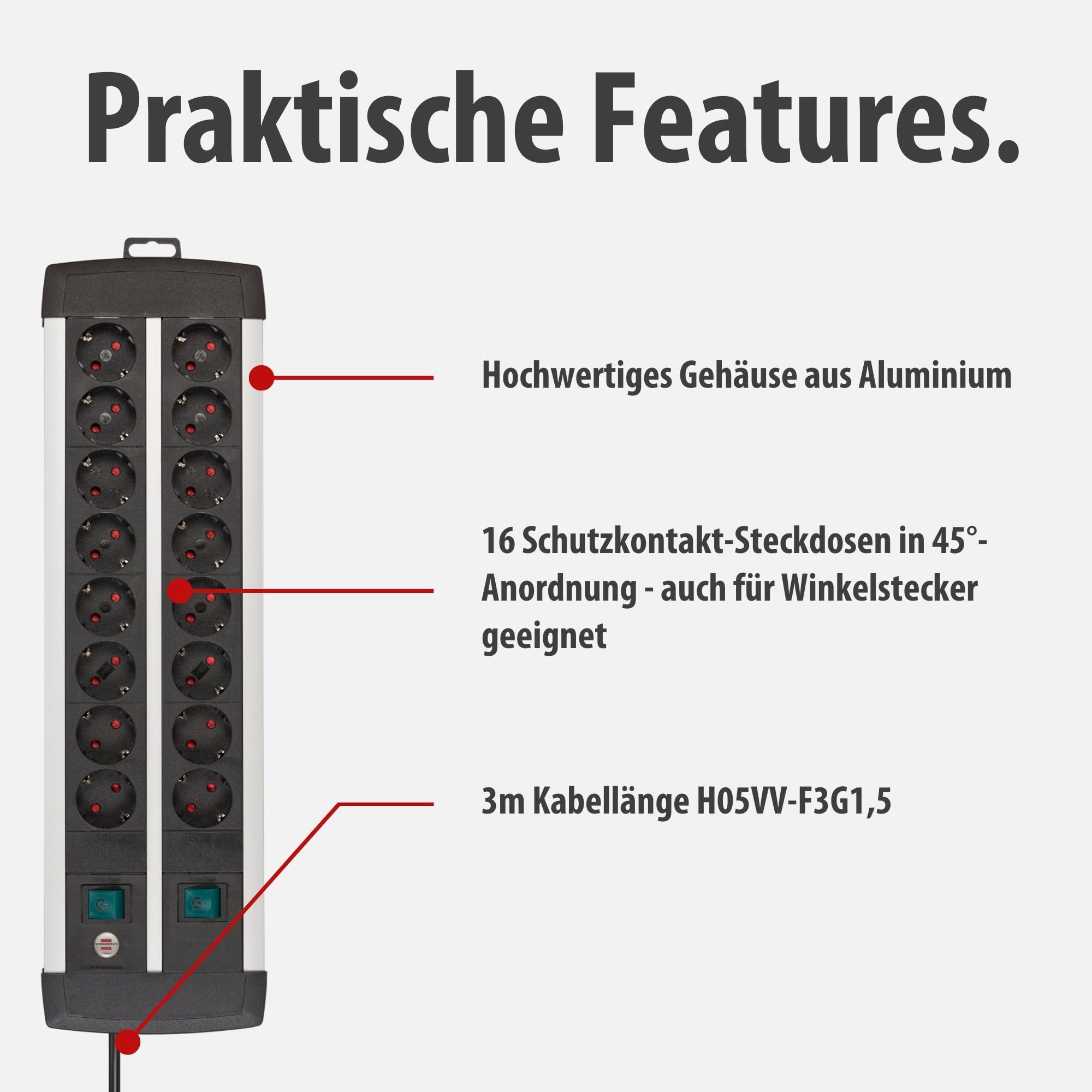 Brennenstuhl Premium-Alu-Line Steckdosenleiste 16-Fach, 3m | Mehrfachsteckdose aus hochwertigem Aluminium mit 2 Schaltern für je 8 Steckdosen, Made in Germany