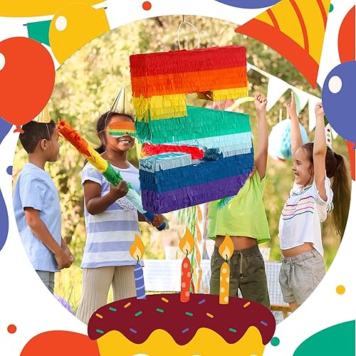 Vista 12 de Lenwen Juego de 120 piezas de piñatas arcoíris, piñata multicolor para fiesta de cumpleaños con palo para los ojos vendados y confeti Premio