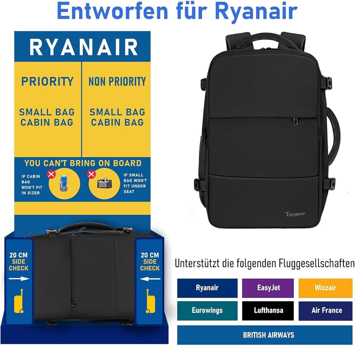 Taygeer Ryanair Ручная кладь 40x20x25, рюкзак для самолета 20 л | Легкий рюкзак с отделением для ноутбука, небольшой дорожный рюкзак на выходные или короткую поездку