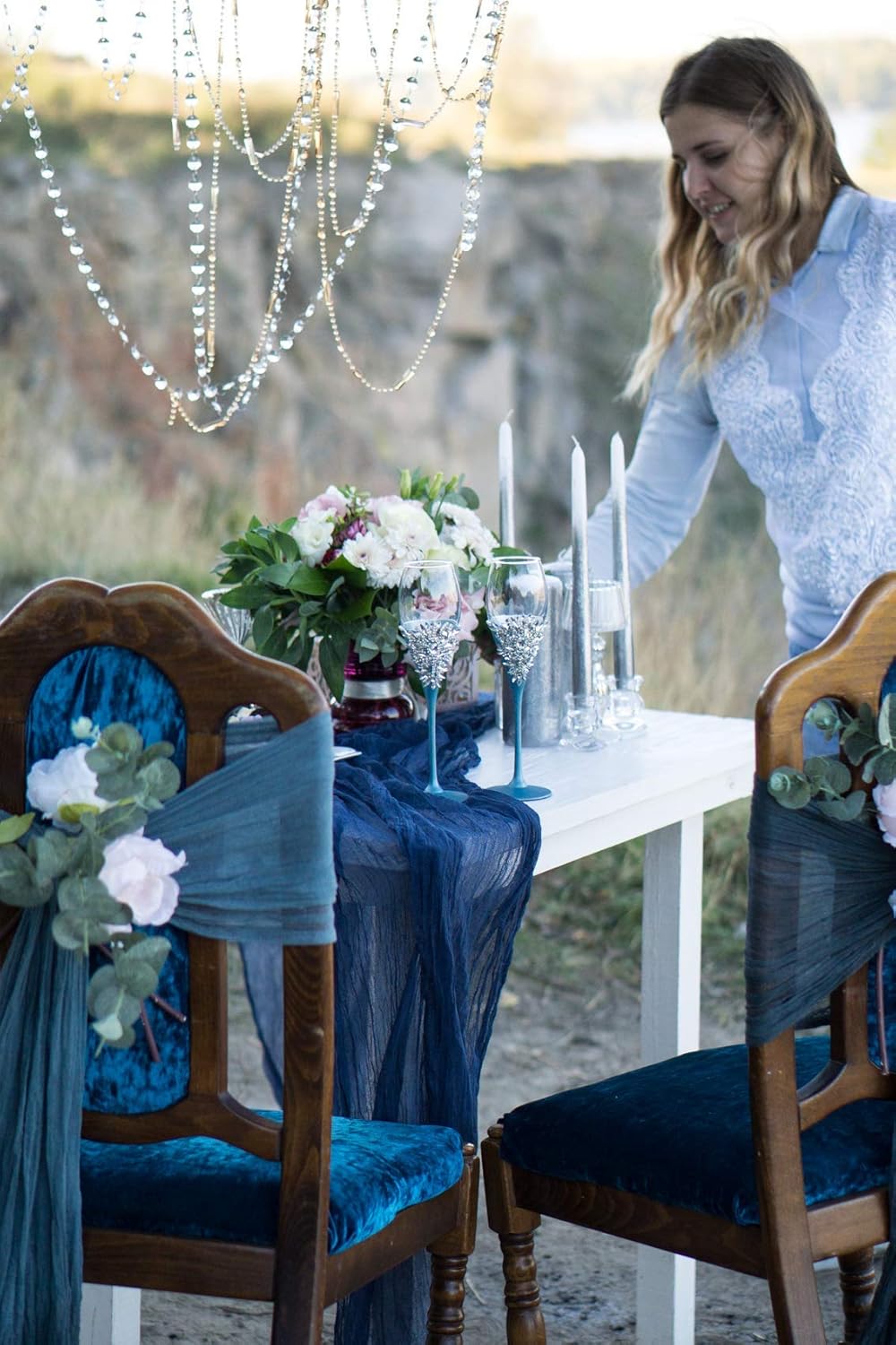 Personalized dusty blue wedding flutes decorated with silver crystals