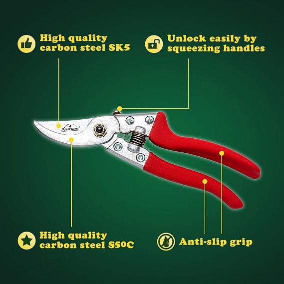 Pleasant + Pruning Shears, Secateurs 8'' Professional-Grade for Garden, Bonsai, Plants and Tree - Taiwanese and Replaceable Blade, Ergonomic, Durable Aluminum Handles