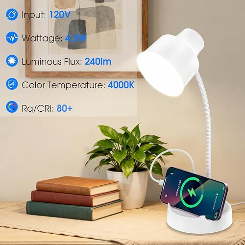 Miniatura 5 de Energetic - Lámpara de escritorio LED con soporte para teléfono, lámpara de mesa con salida de CA, cuello de cisne flexible ajustable, 4000 K, luz