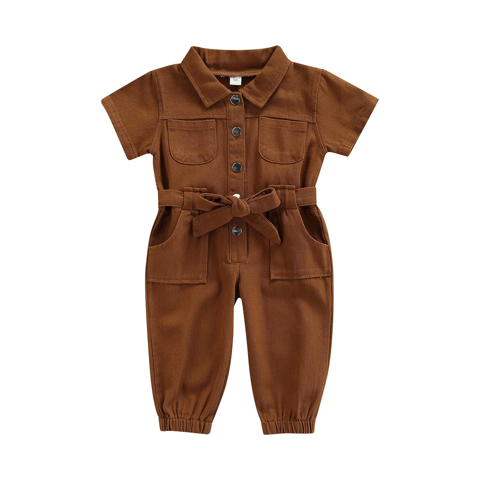 Douhoow Toddler Kids Baby Girl Outfits Short Sleeve Romper Overalls Solid Color Lapel Pocket Jumpsuit CasualClothes (Brown, 2-3T)