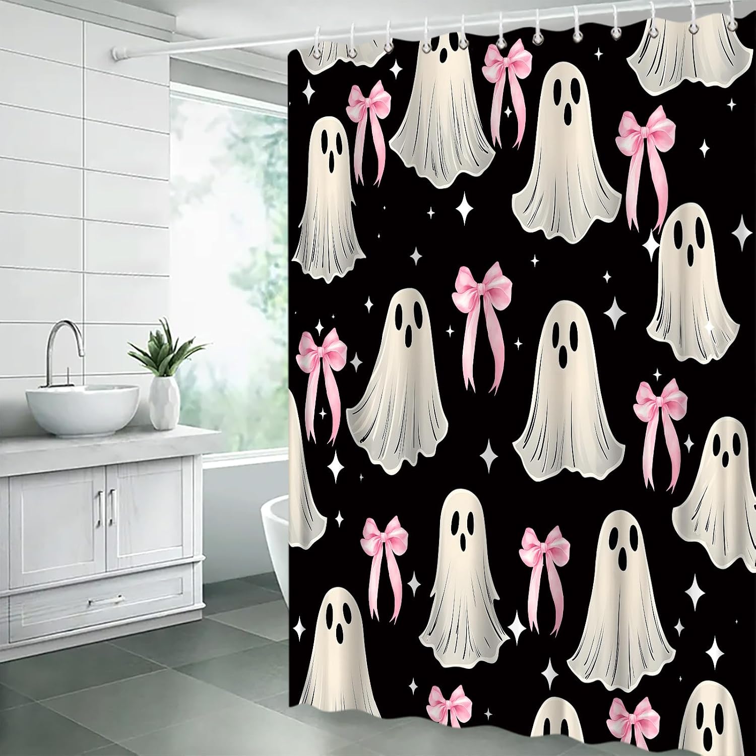 Halloween Ghost Shower Curtain Coquette,70x70 Inch,Black,White,Pink
