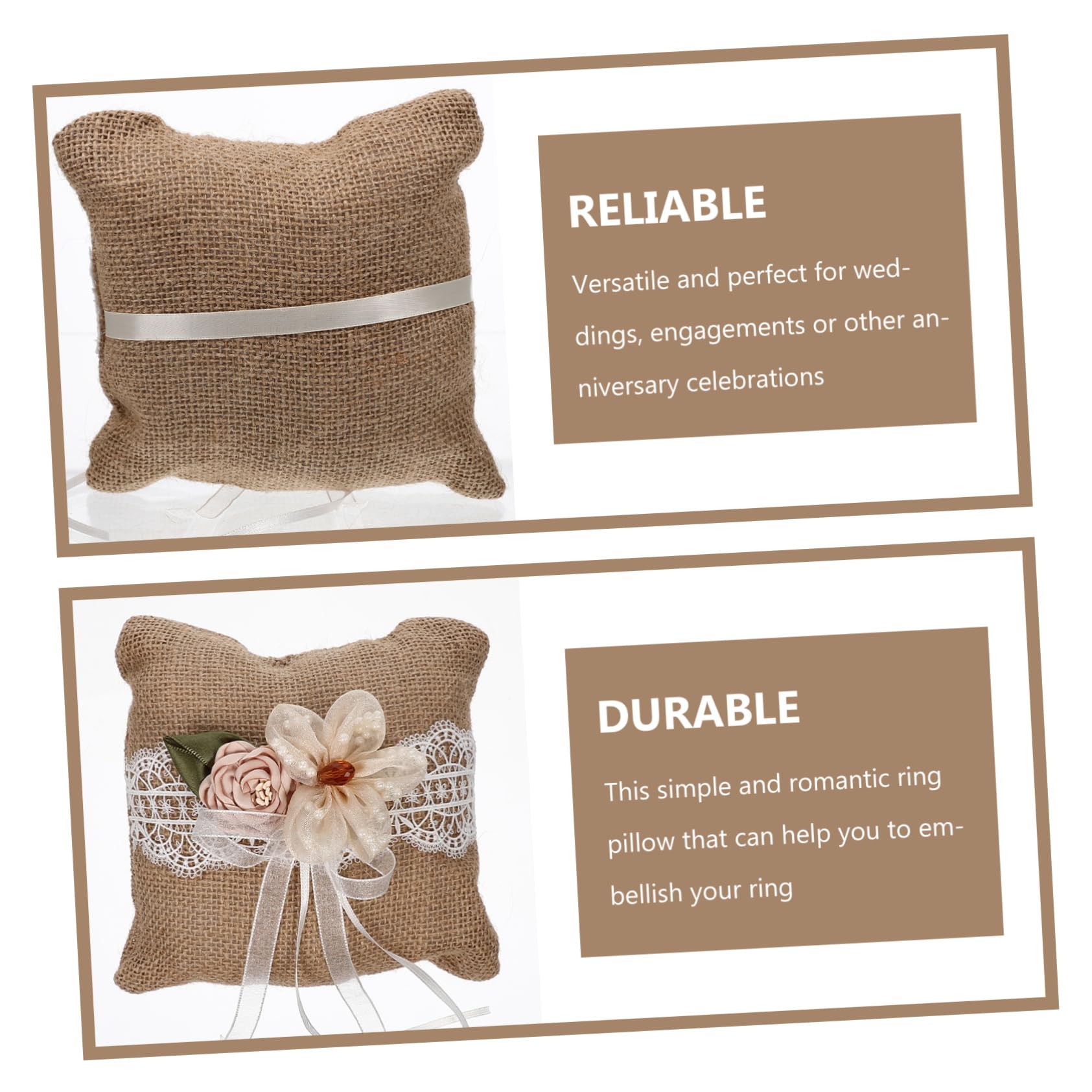 Amosfun Rustic Wedding Ring Pillow with Lace Flower Bowknot Design Decorative Cushion for Wedding Rings and Elegant for Bridal Ceremony and Engagement Celebrations