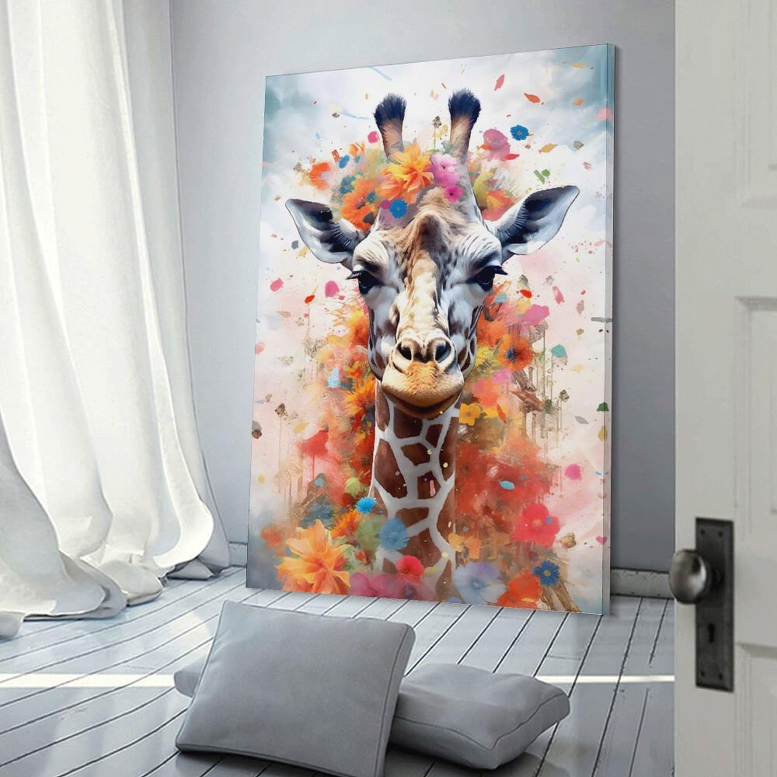 Junmoney Giraffe in Colorful Ink Room Decor Wall Art, 24x36inch(60x90cm), for Living Room, Lounge Or Sitting Room, A Home Accent with Warm Character