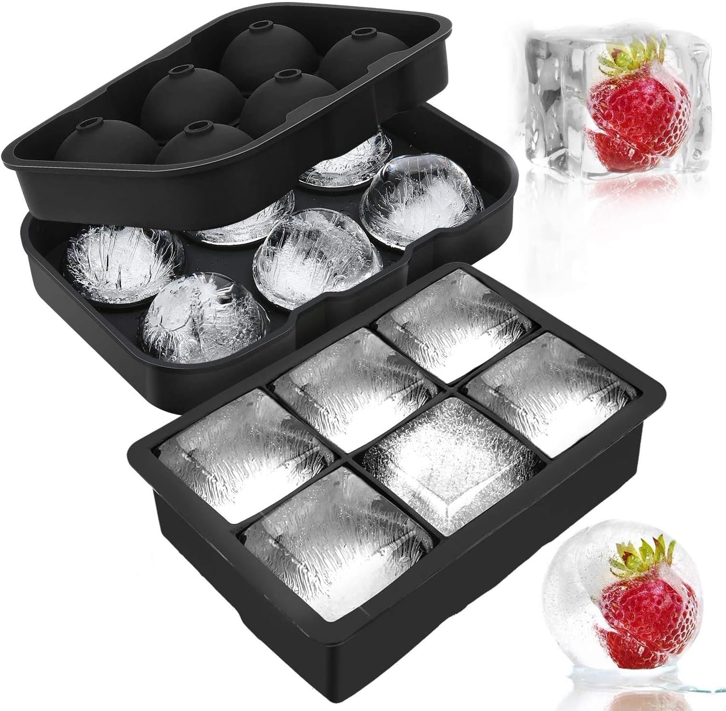 DENSITY COLLECTION Ice Cube Trays Silicone Ice Cube Tray Big Size Ice Cube Molds for Whiskey & Cocktails, Keep Drinks Chilled, Reusable and BPA Free (Square & Round-Total 2 Pcs)