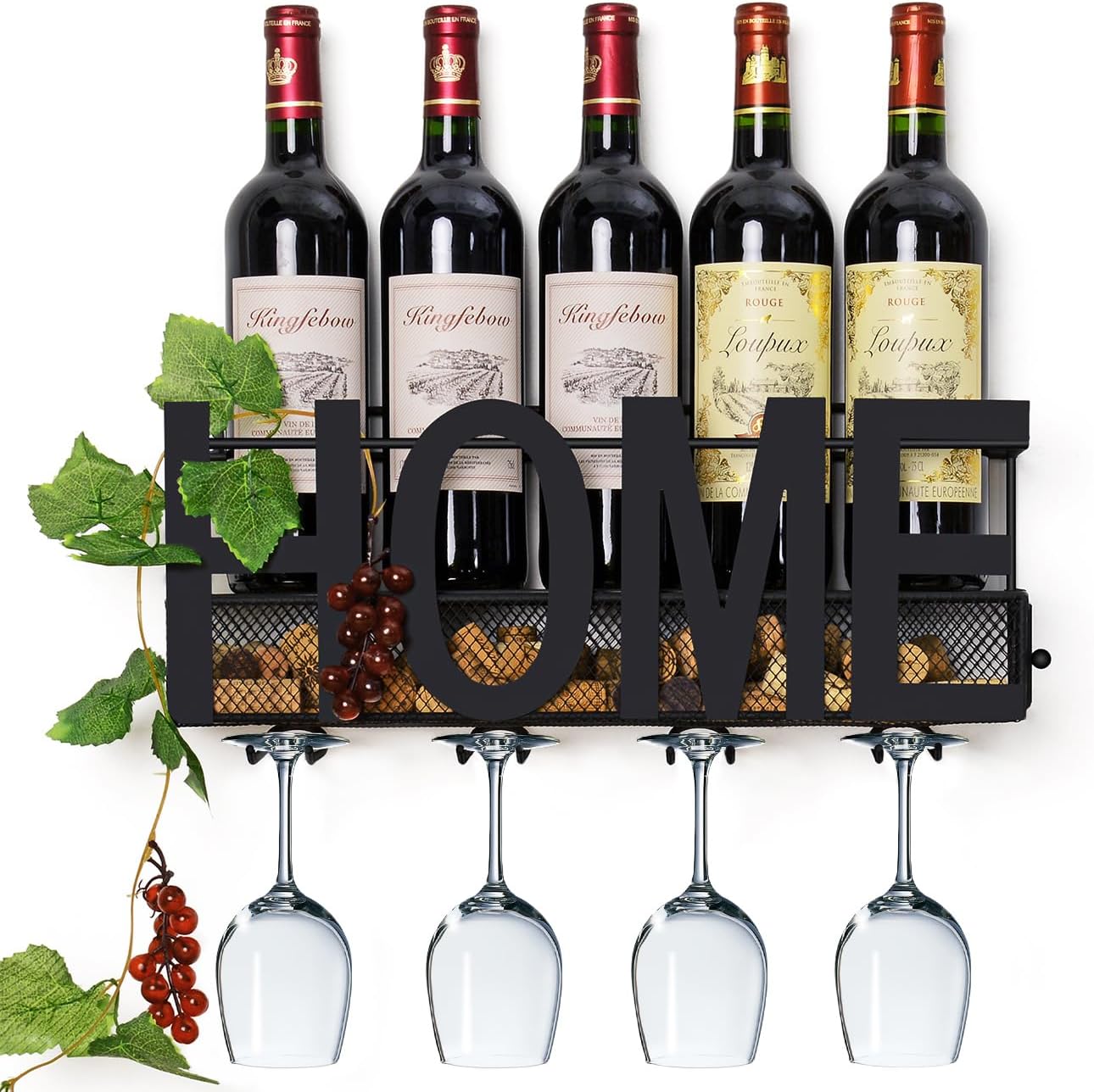 Wall Mounted Metal Wine Rack - Wine Rack Wall Mount Wine Bottle Holder 4 Long Stem Glass Holder & Wine Cork Storage Home