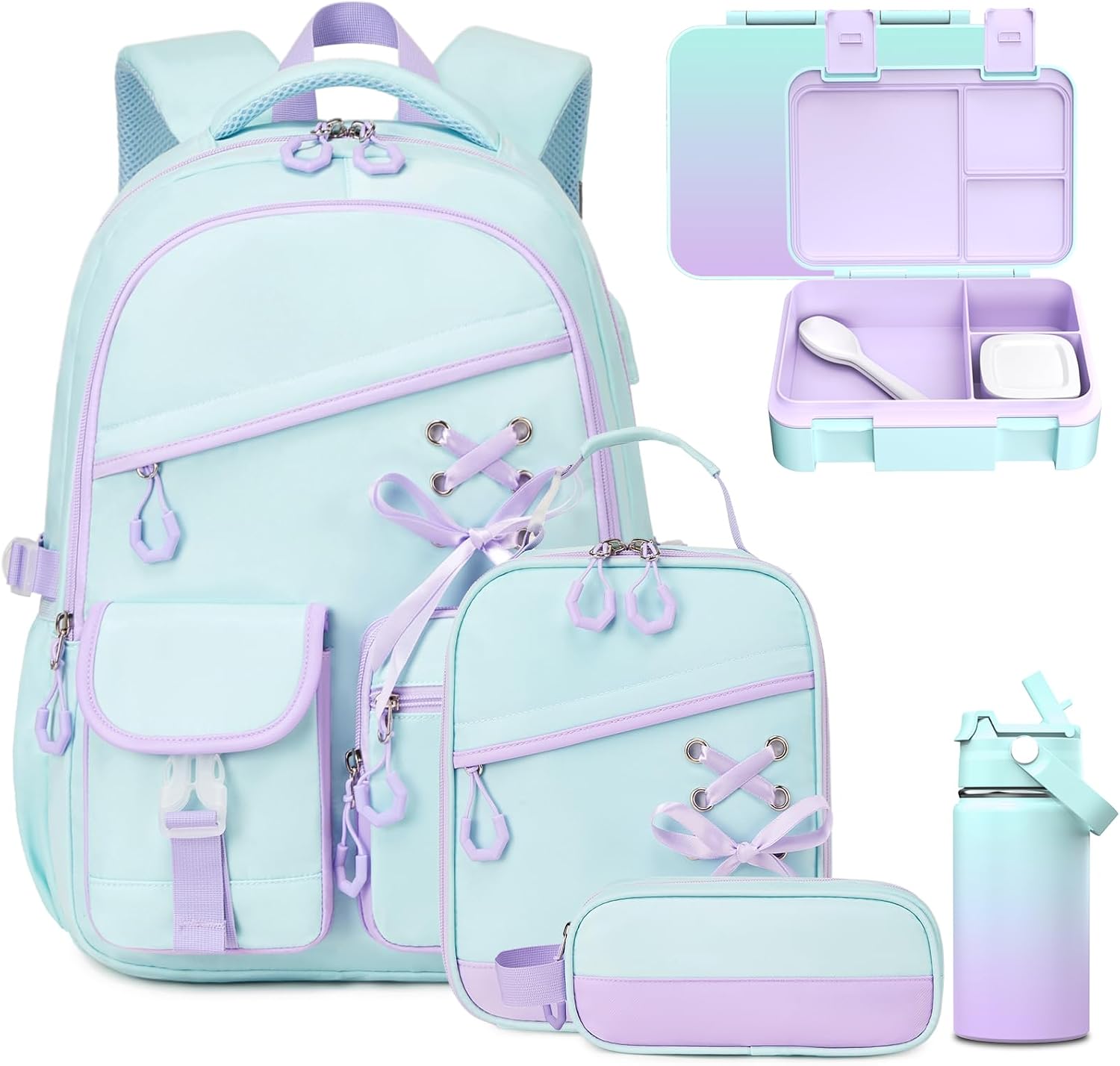 DIGOBAY Backpacks for Girls, 9PCS Girls Backpack Set with Lunch Bag, Pencil Case, Bento Box and Water Bottle, Plaid School Bookbag for Elementary Middle School Students Aquamarine-purple