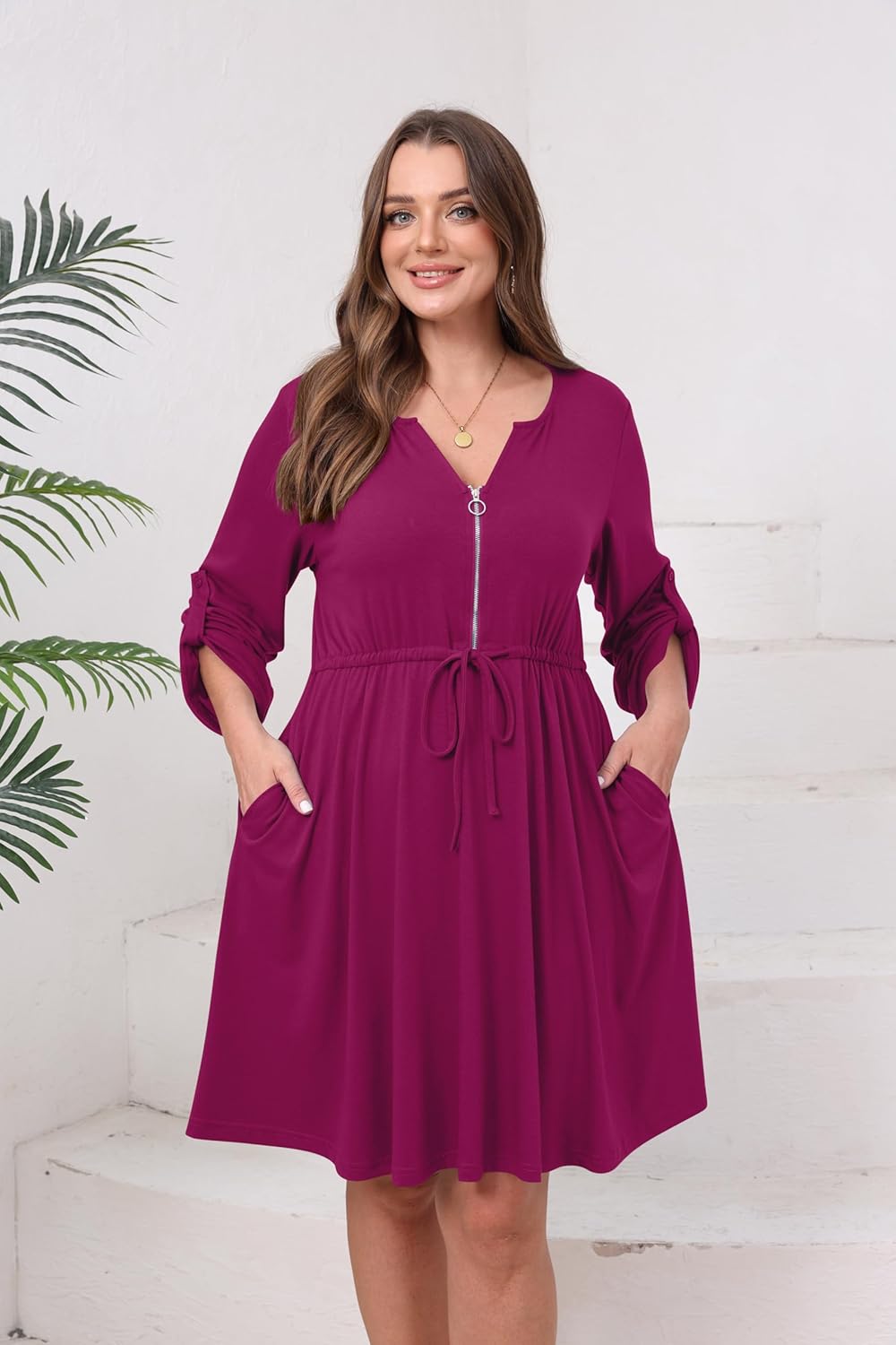 Womens Plus Size Dress Casual Roll up 3/4 Sleeves Zipper V Neck Tie Waist Flowy Loose Dresses with 2 Pockets - Image 8