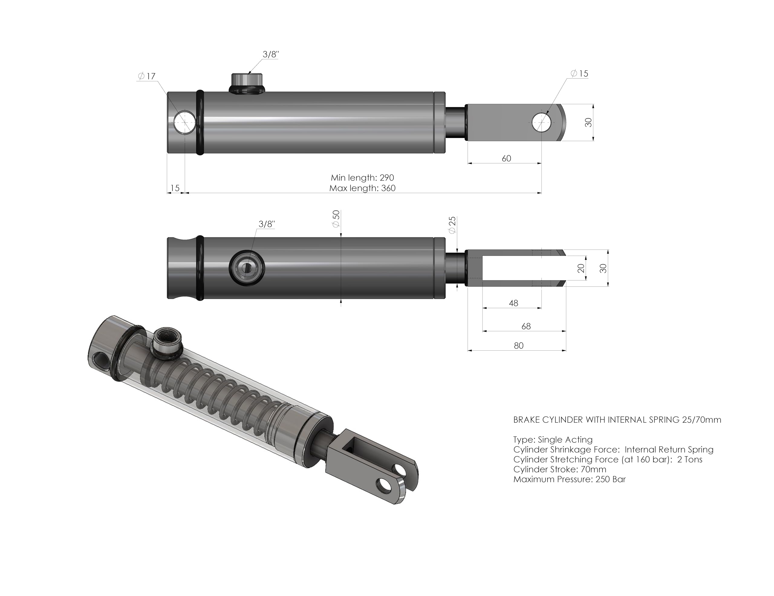 Spare Parts Holland Einfachwirkender Hydraulikzylinder 25 mm Rückholfeder – Anhänger Bremszylinder 40x50 mm 250 bar