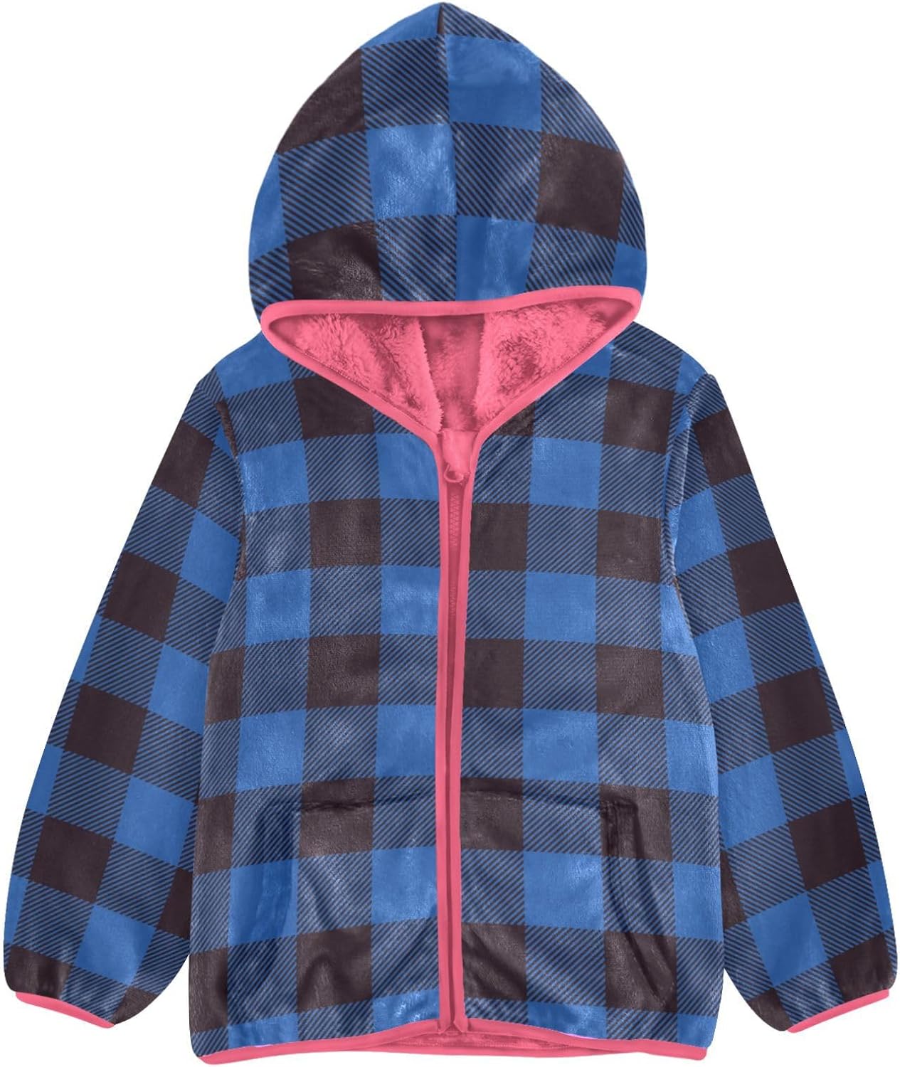 GuoChe Black Blue Plaid Kids Sherpa Jacket