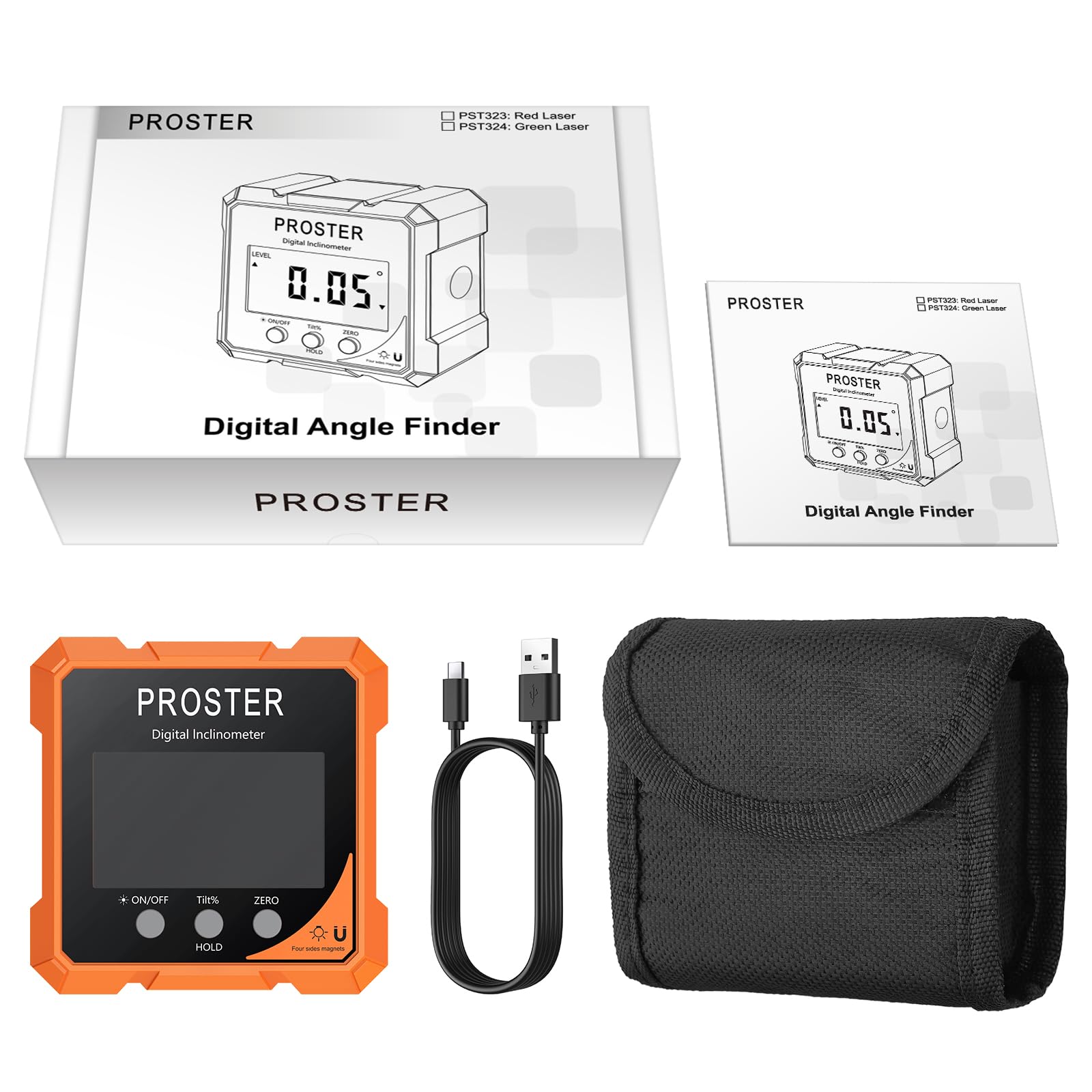 Proster Inclinomètre Numérique avec Laser 4 Côtés Magnétiques - Niveau Digital Rechargeable Précision ±0.1° Écran LCD VA IP54 Étanche Outil de Mesure d’Angle pour Menuiserie Chantier et Décoration