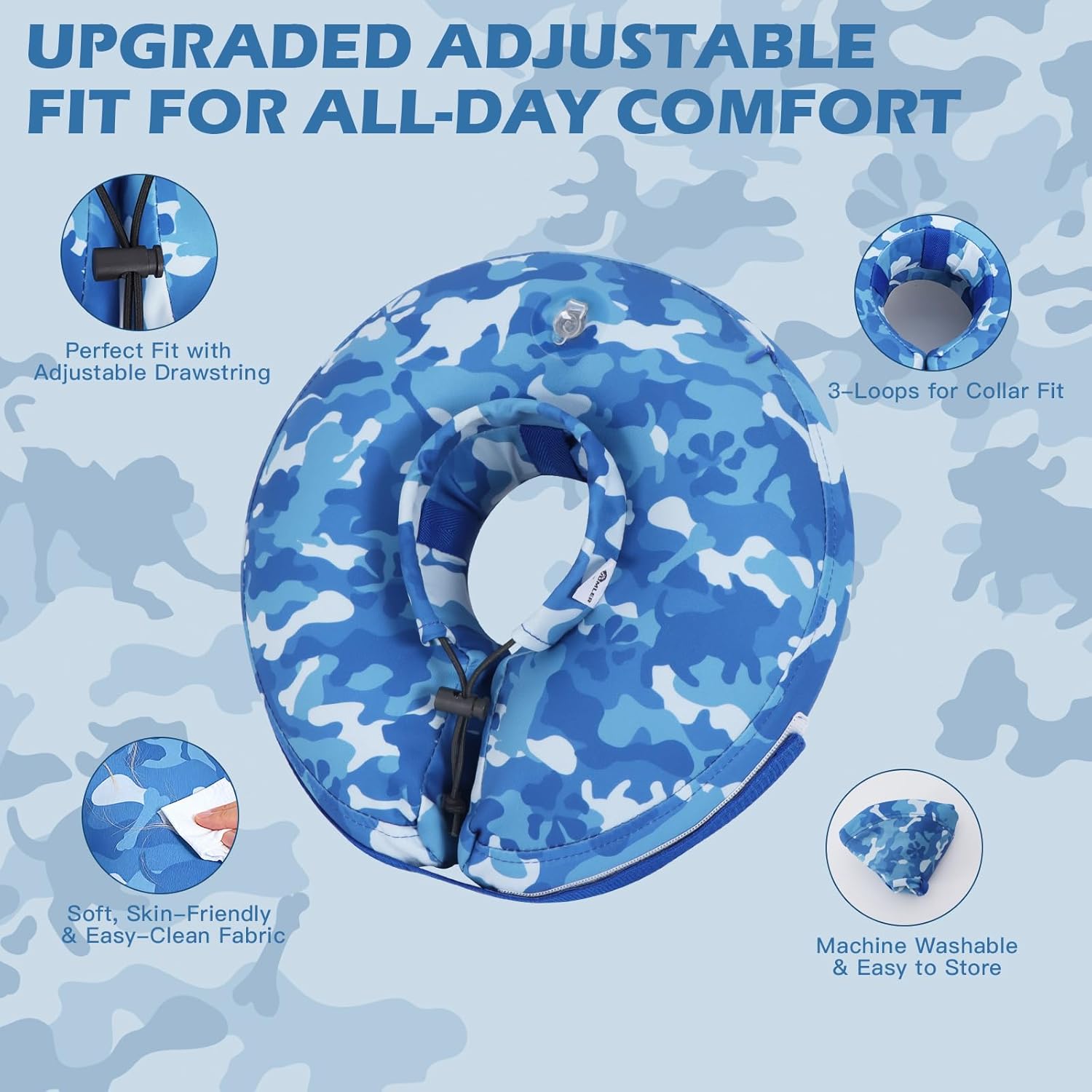IEUUMLER Inflatable Recovery Dog Cone Collar, Neck Donut Protective ECollar, Adjustable Soft Collar for Dog and Cat After Surgery Prevent from Biting & Licking EU020 Blue Camo L