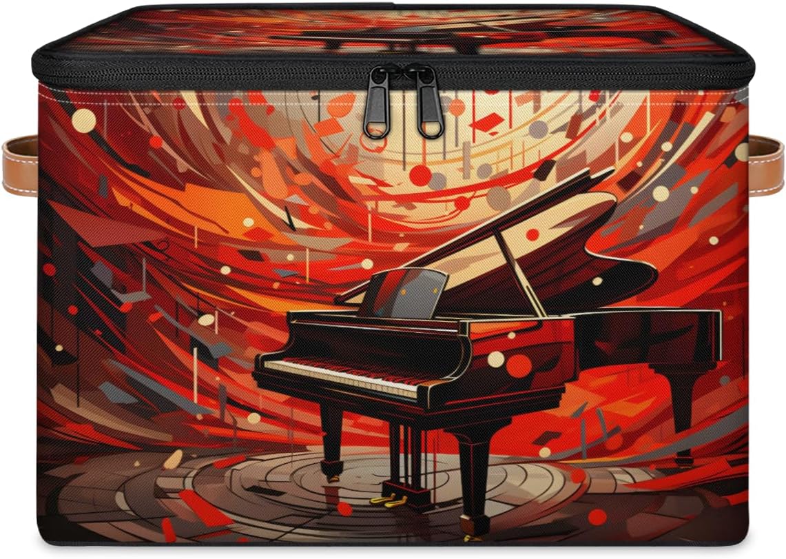 Storage Bin Set of 2 Music Piano Storage Basket with Zipper Lid & Handle Foldable Closet Shelf 2 Pack Cloth Organizer Basket Cube Bins Clothes Organizer for Bedroom, Nursery