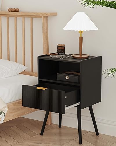 Miniatura 6 de Mesita de noche, moderna mesita de noche con cajón de almacenamiento y estante de madera abierta, mesita de noche decorativa con patas de madera