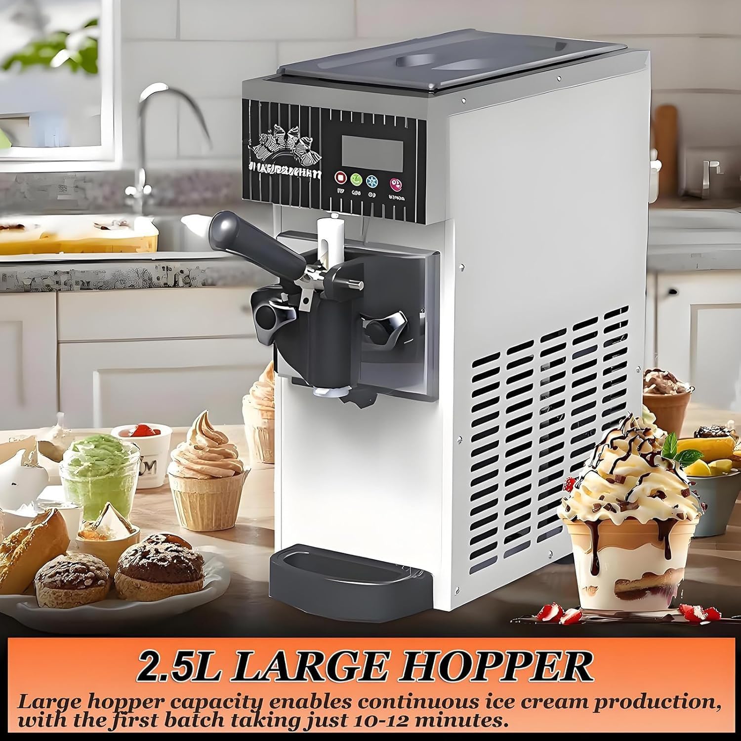Máquina Comercial Helado Suave – Producción 4-8 Kg/H, Pantalla Led De 450 W, Máquina Helados, Dispensadores Compresor De Mostrador con Preenfriamiento Y Autolimpieza Grey