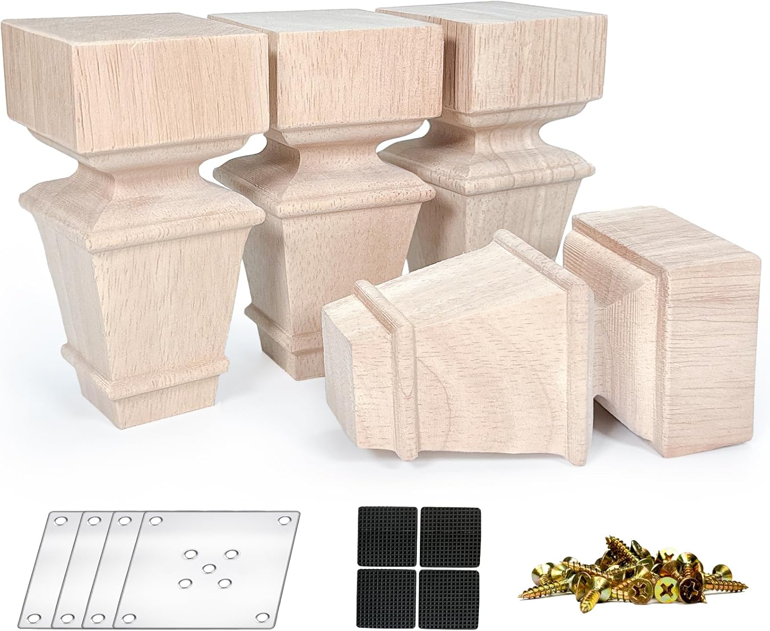 CRAPAPFERT 5 Inch Wooden Furniture Legs, Set of 4 Replacement Solid Wood Unfinished Square Furniture Bun Feet for Couch Chair Sofa Dresser Desk Table Cabinet Bed Bookcase (5inch)